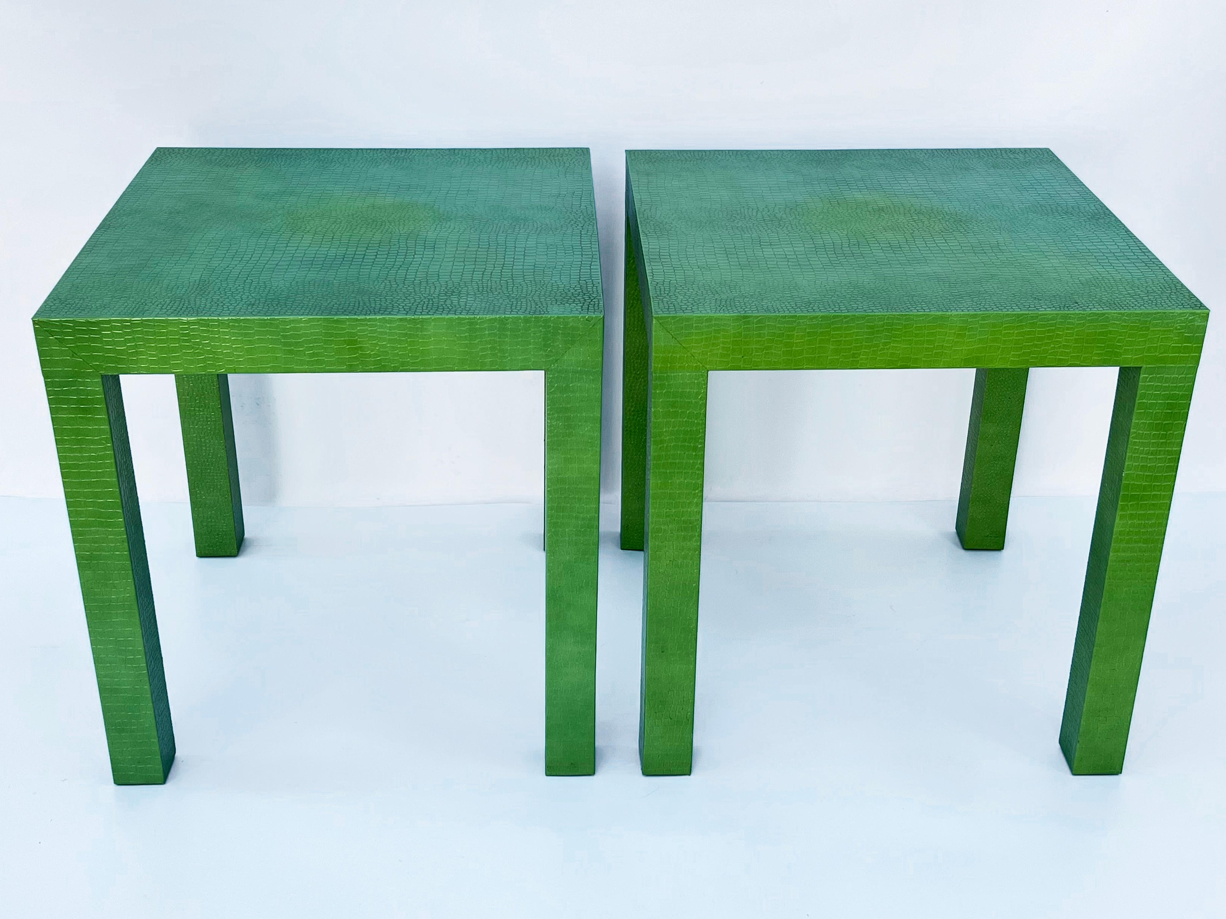 Embossed Pair of Karl Springer Crocodile Leather Clad Parsons End Tables For Sale