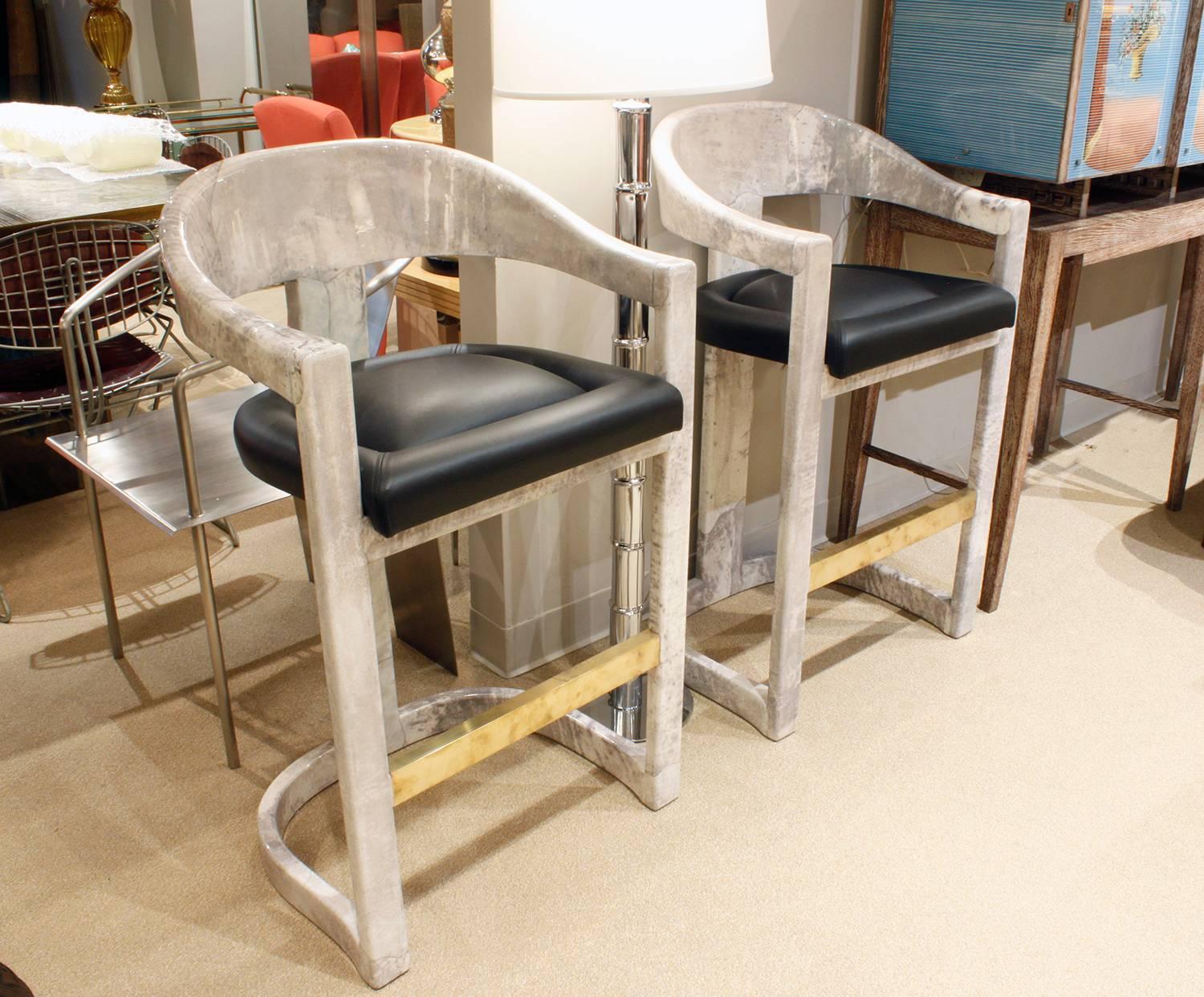 Hand-Crafted Pair of Karl Springer Goatskin Onassis Bar Stools, 1980s For Sale