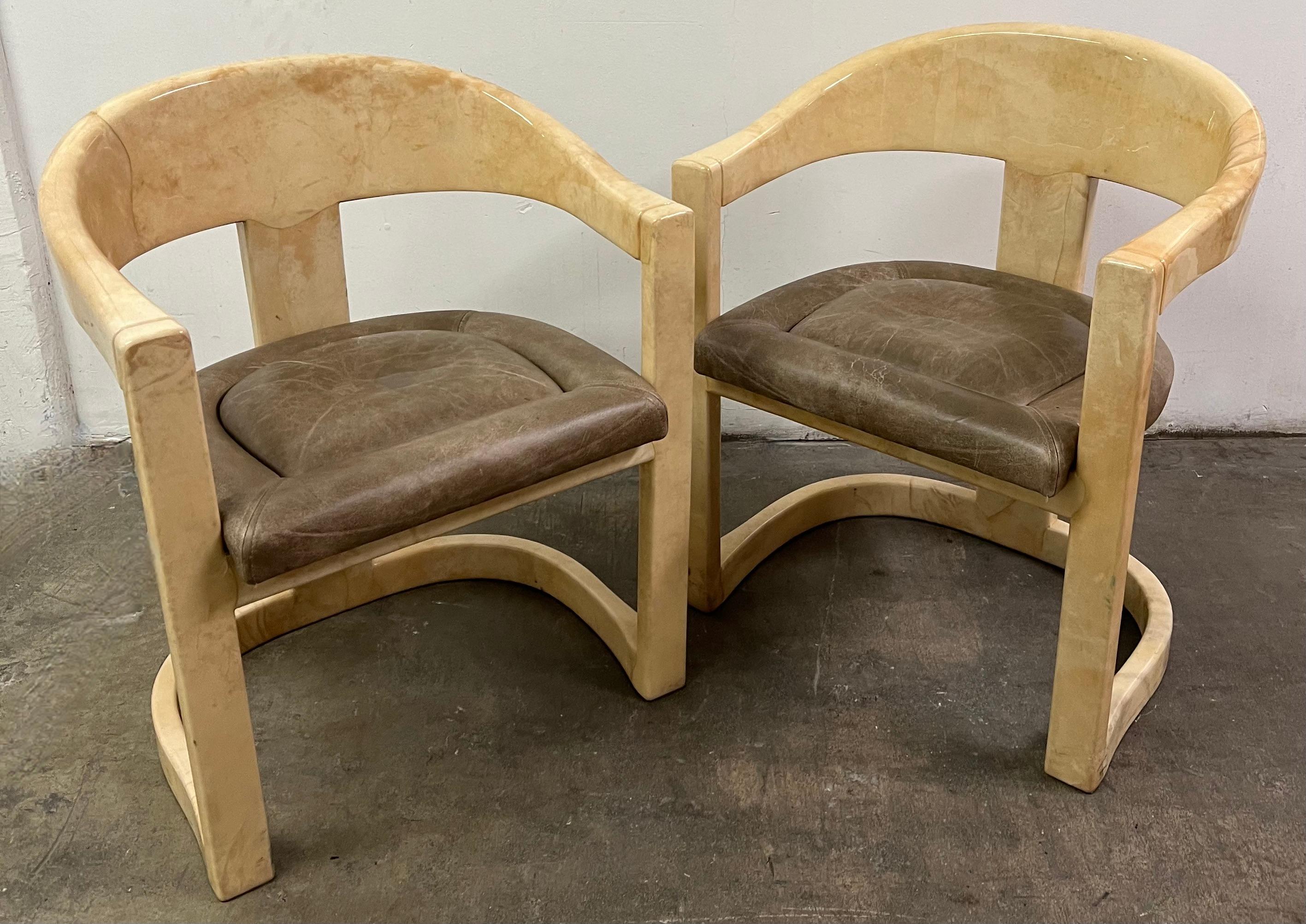 Pair of Karl Springer Goatskin Onassis Chairs with Leather Upholstered Seats For Sale 4