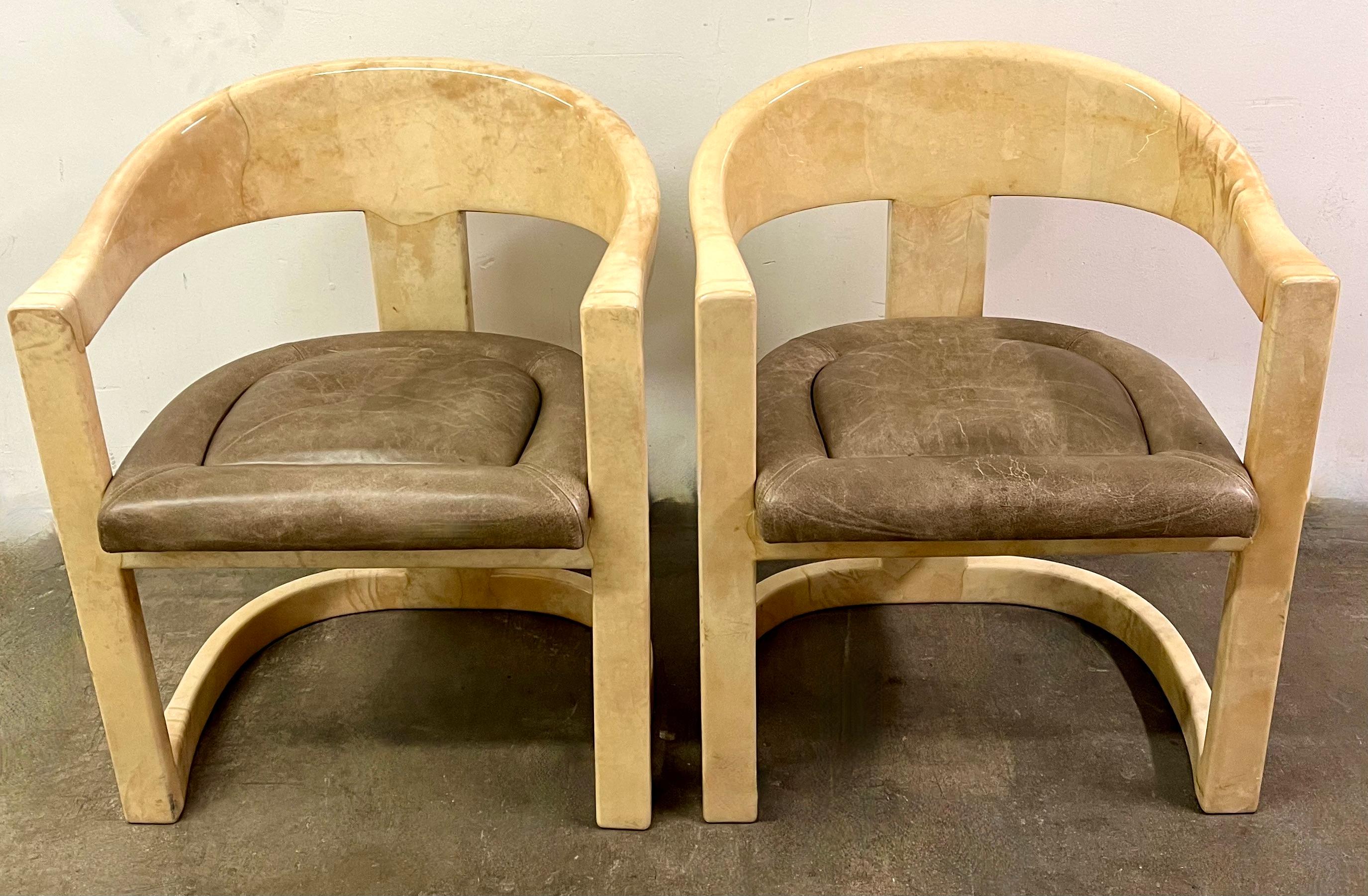 Pair of Karl Springer Goatskin Onassis Chairs with Leather Upholstered Seats For Sale 1
