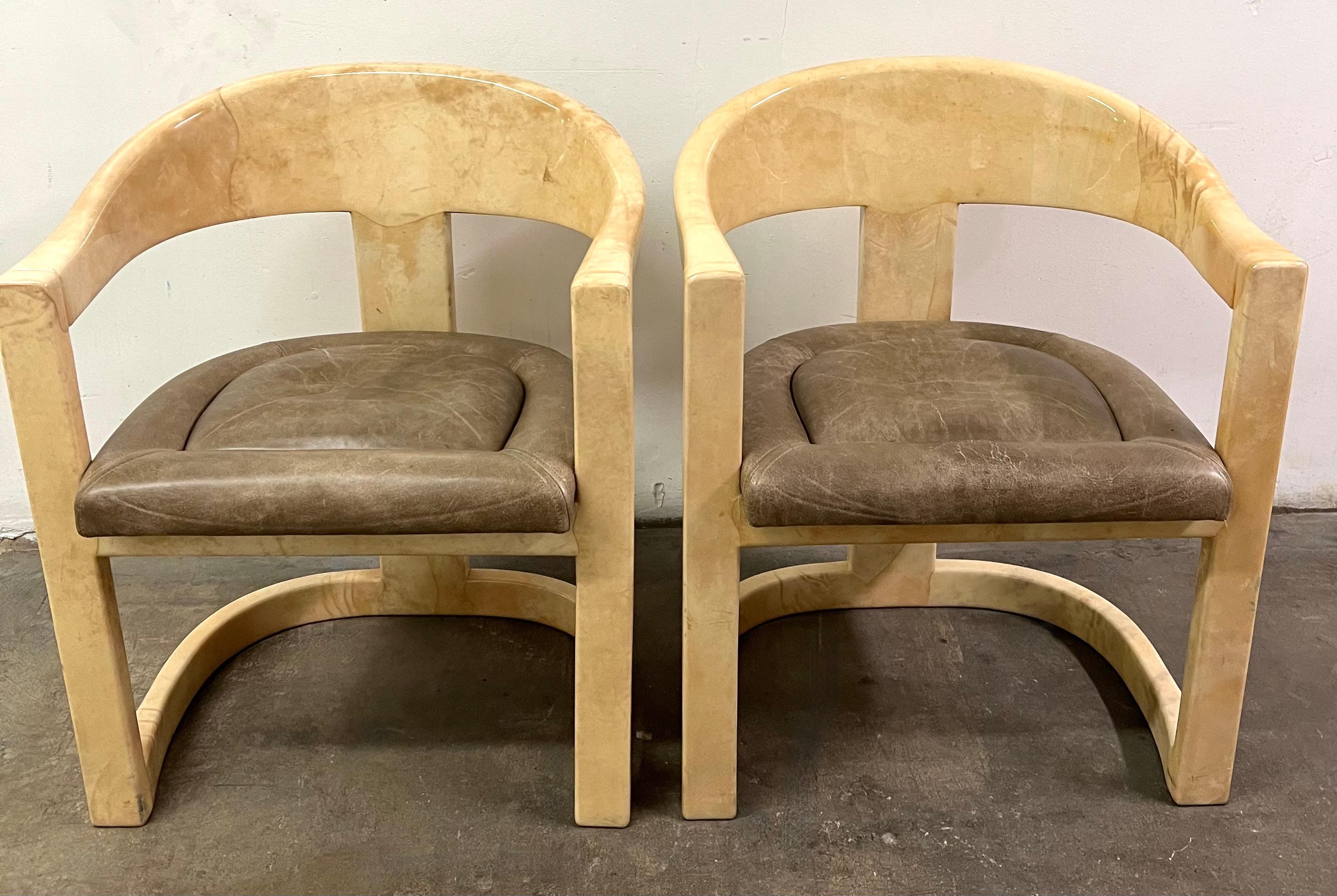 Pair of Karl Springer Goatskin Onassis Chairs with Leather Upholstered Seats For Sale 2