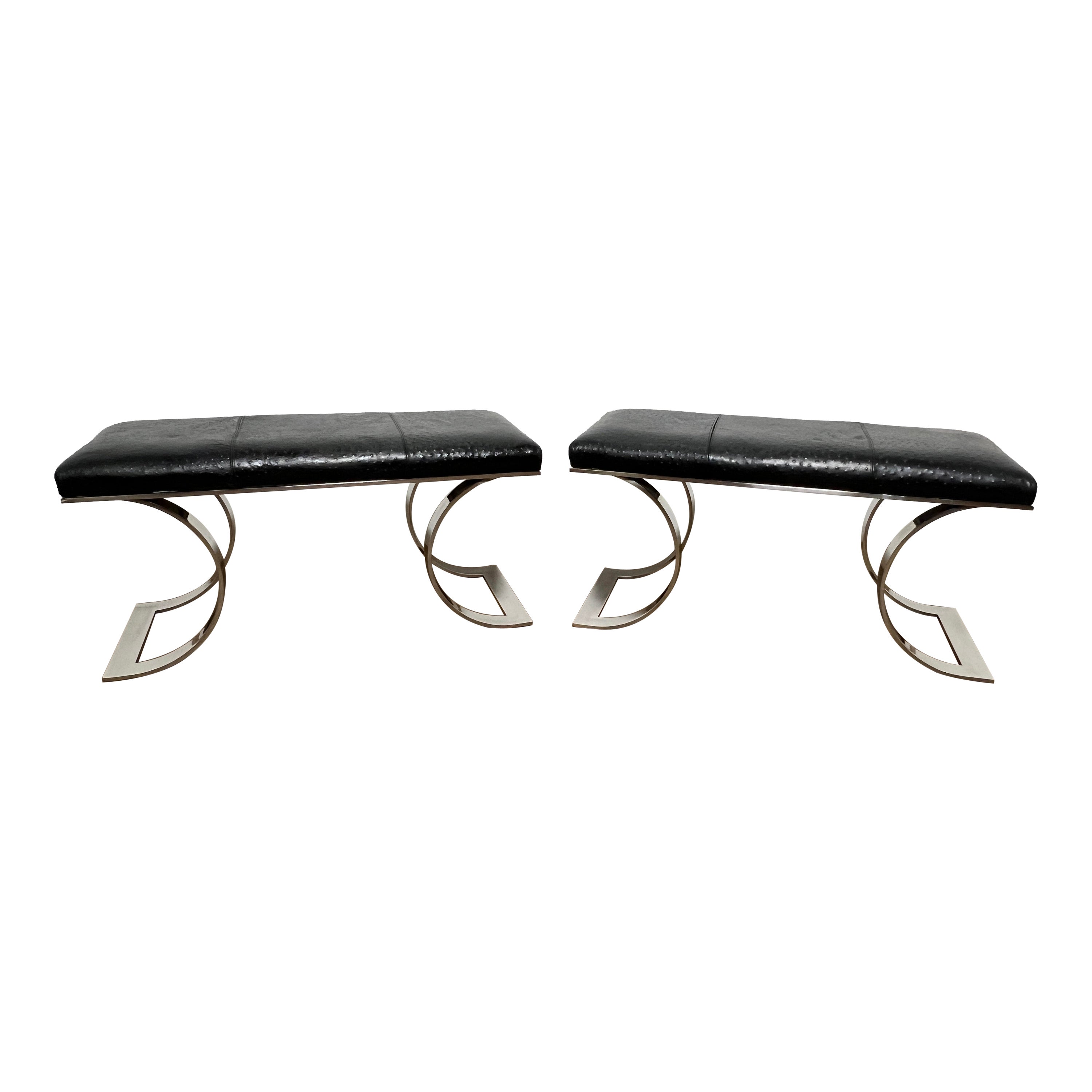 Pair of Karl Springer JMF "C" Benches in Original Ostrich Leather