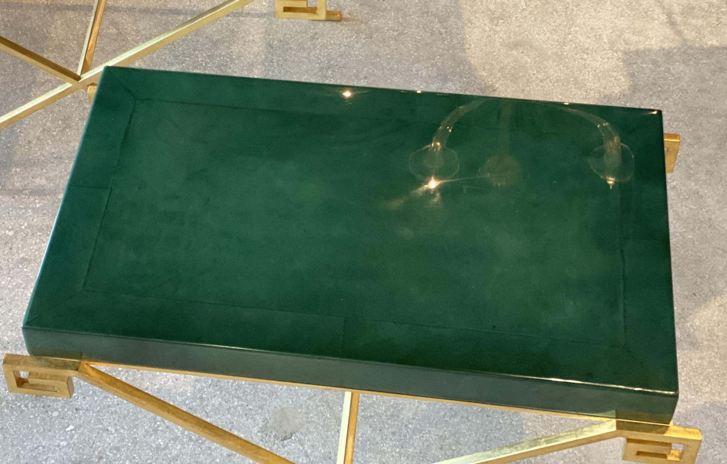 Mid-Century Modern Pair of Karl Springer Ltd. JMF Greek Key Tables w/Emerald Goatskin Tops
