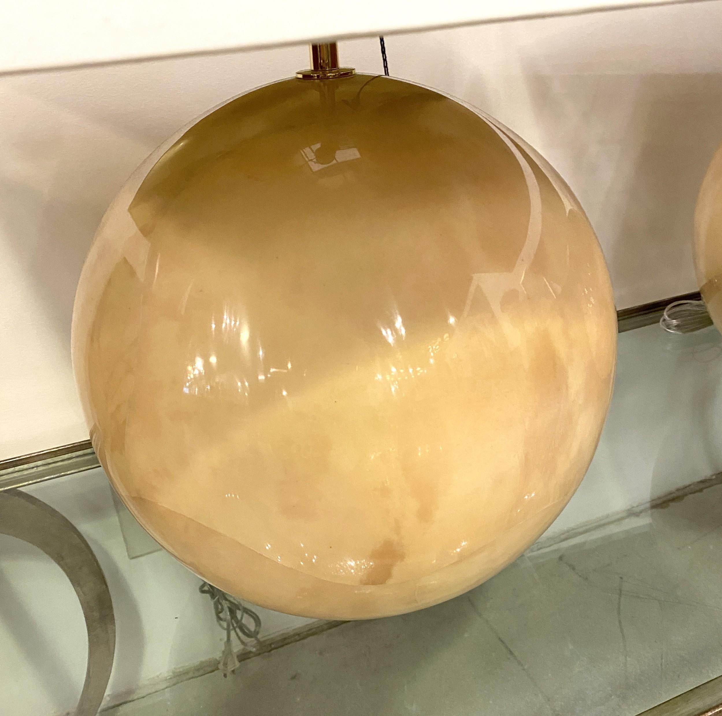 PAIR of Modern sphere citron goatskin table lamps. (KARL SPRINGER LTD) (PRICED AS PAIR) (NOTE: lamp shades can be purhased separately)
