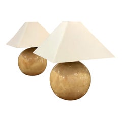 Pair of Karl Springer Modern Citron Goatskin Sphere Table Lamps