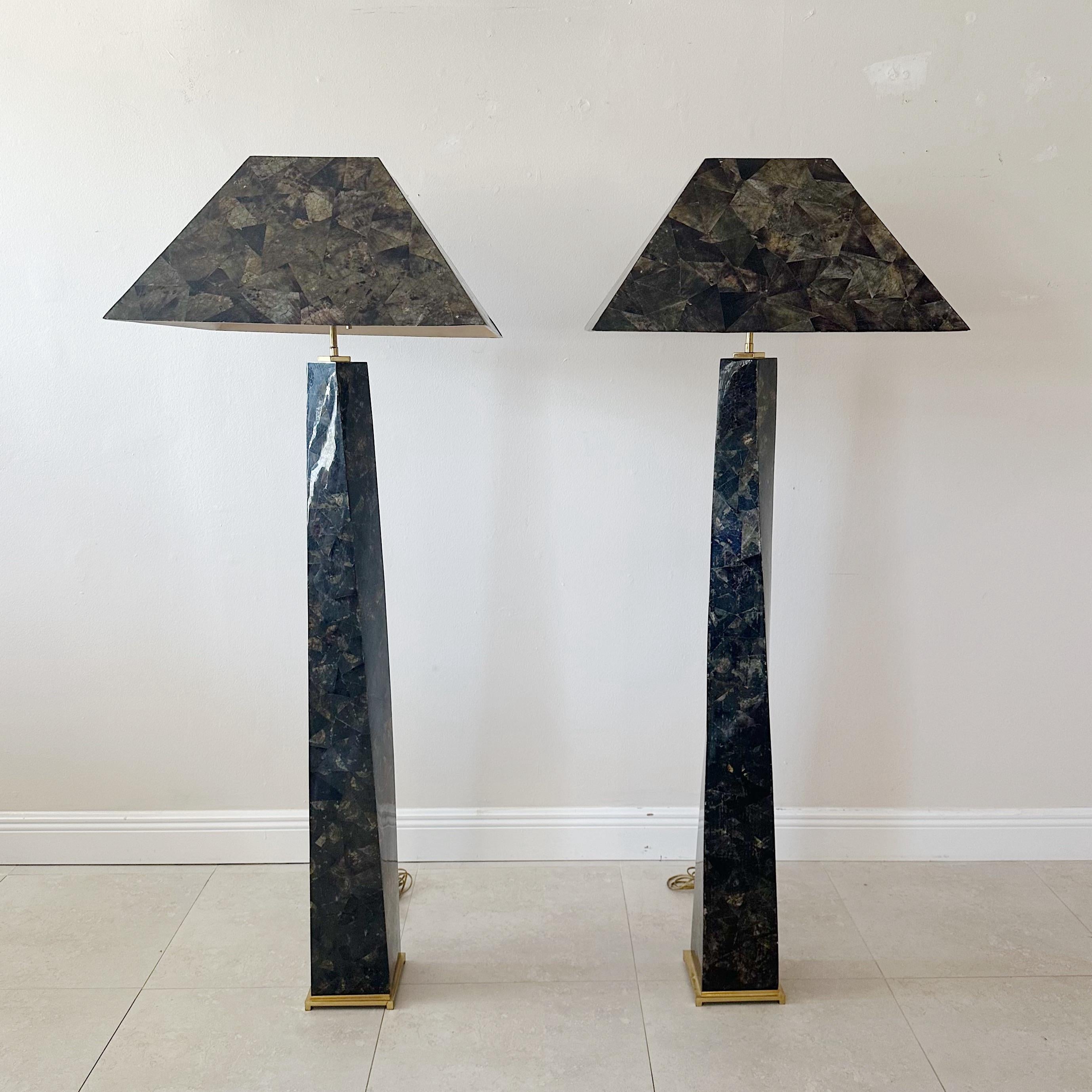 Mid-Century Modern Pair of Karl Springer Penshell Jmf Floor Lamps With Original Penshell Shades