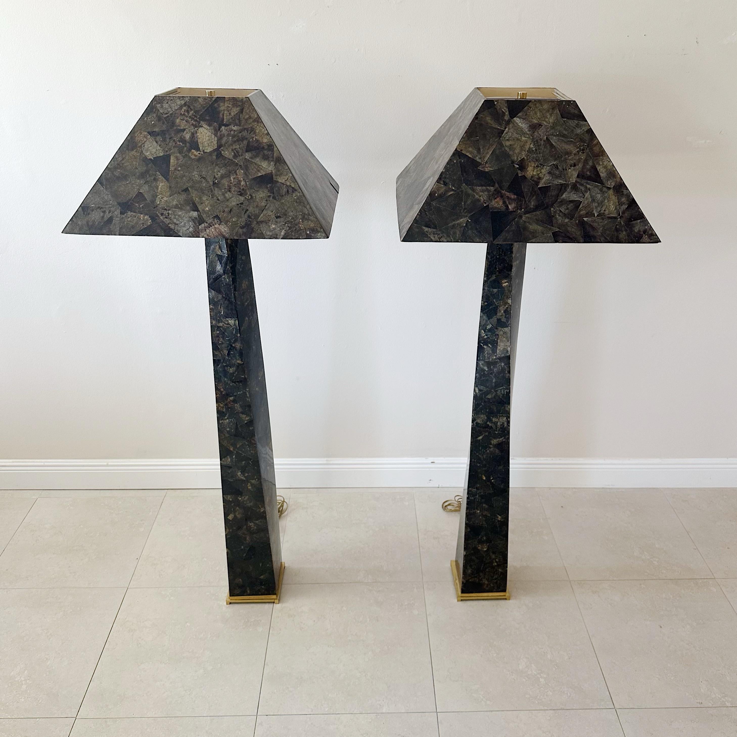 Late 20th Century Pair of Karl Springer Penshell Jmf Floor Lamps With Original Penshell Shades