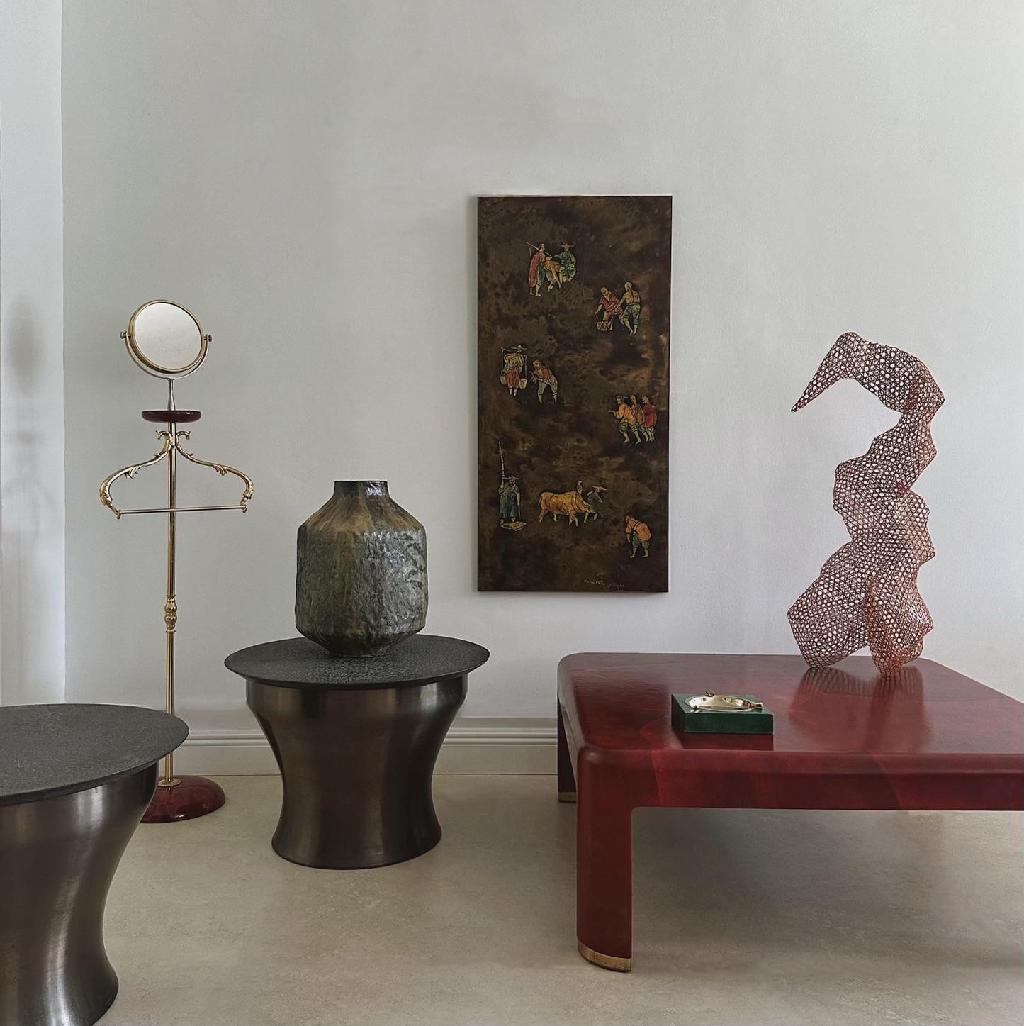 Pareja de mesas auxiliares Karl Springer Rain Drum en bronce, tapas de pizarra, años 70 en venta 3
