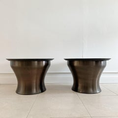 Pair of Karl Springer Rain Drum Occasional Tables in Bronze, Slate Tops, 1970s