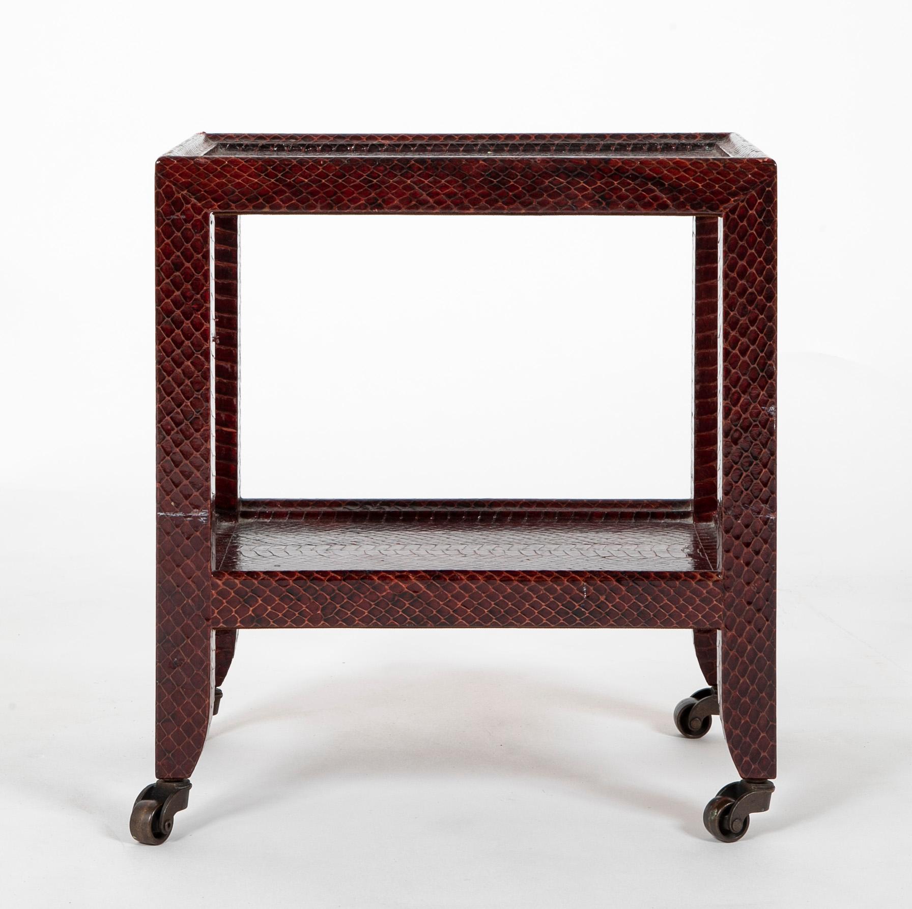 American Pair of Karl Springer Snake Skin Two-Tier Side Tables