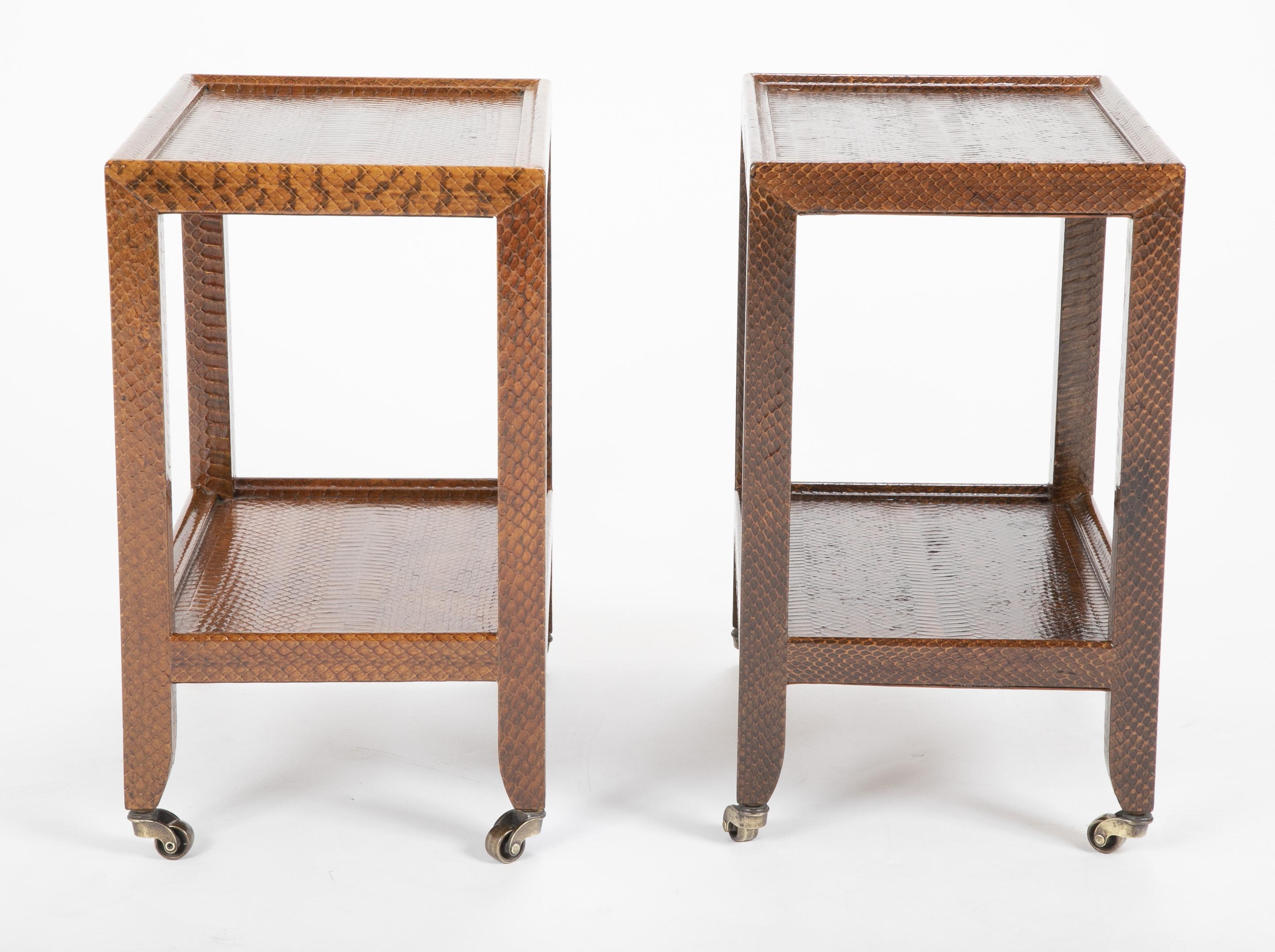 Pair of Karl Springer Snake Skin Two-Tier Side Tables In Good Condition For Sale In Stamford, CT