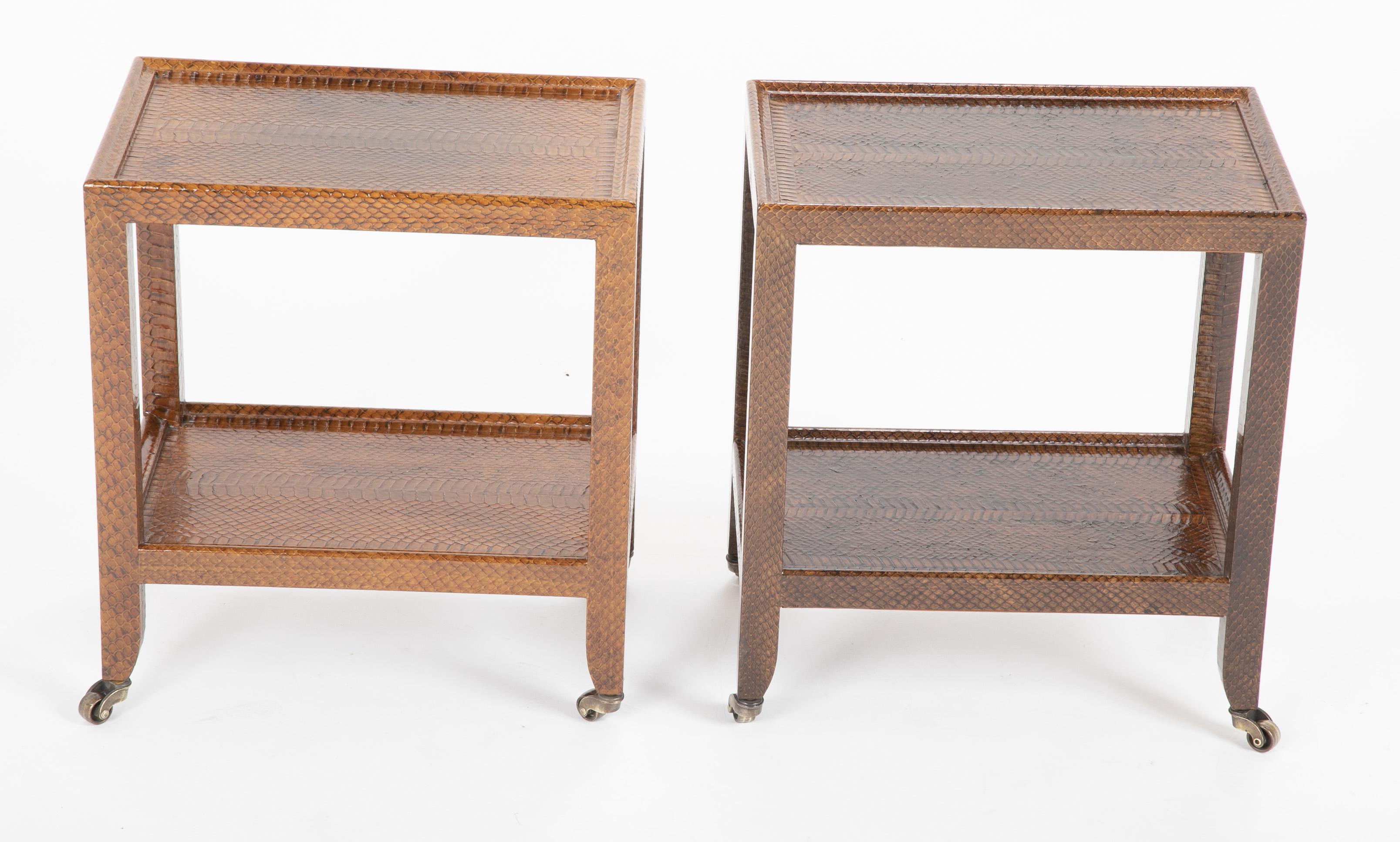 Late 20th Century Pair of Karl Springer Snake Skin Two-Tier Side Tables For Sale