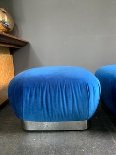 Pair of Karl Springer "Souffle Ottoman" in Blue Velvet