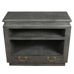 Pair of Karl Springer Style Lacquered Grasscloth Bedside Tables or Side Cabinets