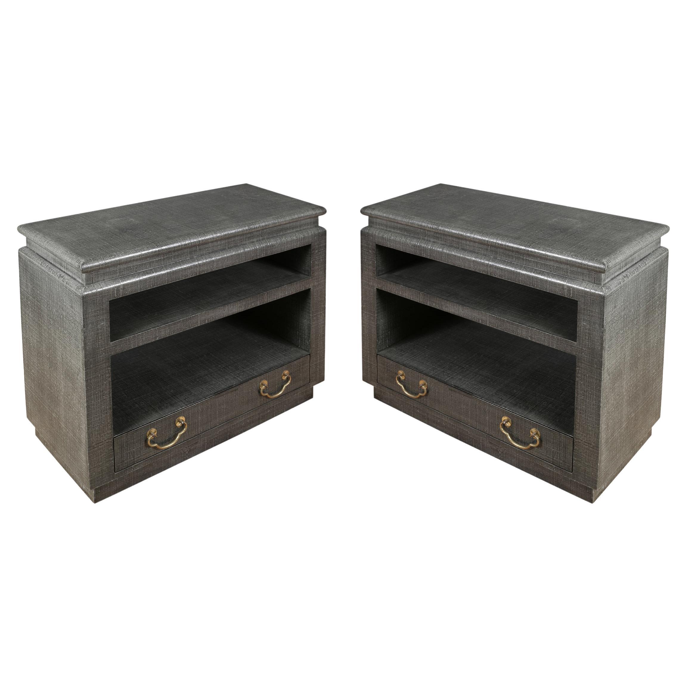 Pair of Karl Springer Style Lacquered Grasscloth Bedside Tables or Side Cabinets For Sale