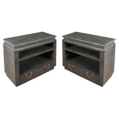 Pair of Karl Springer Style Lacquered Grasscloth Bedside Tables or Side Cabinets