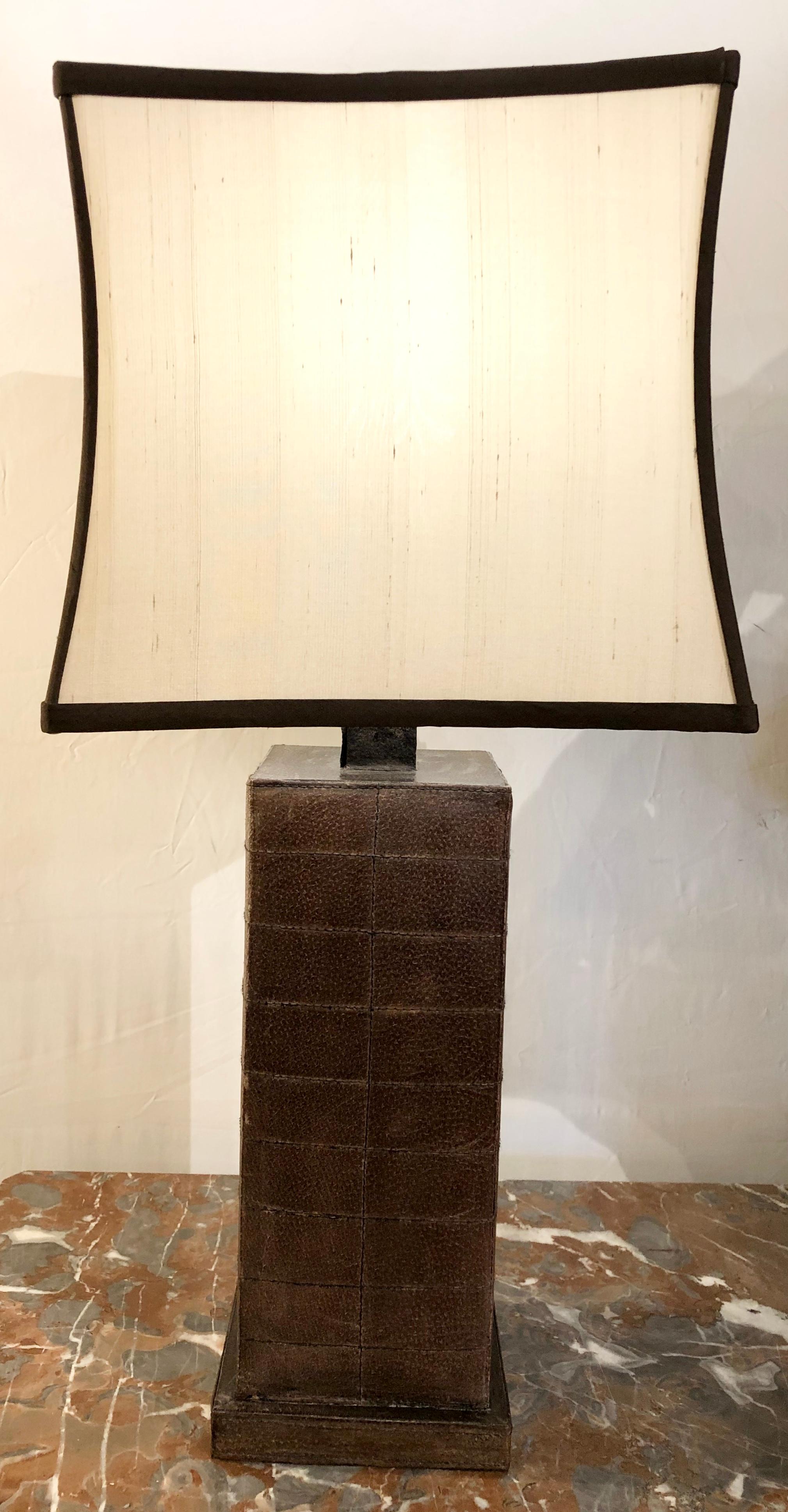 Pair of Karl Springer style leather table lamps with custom shades.