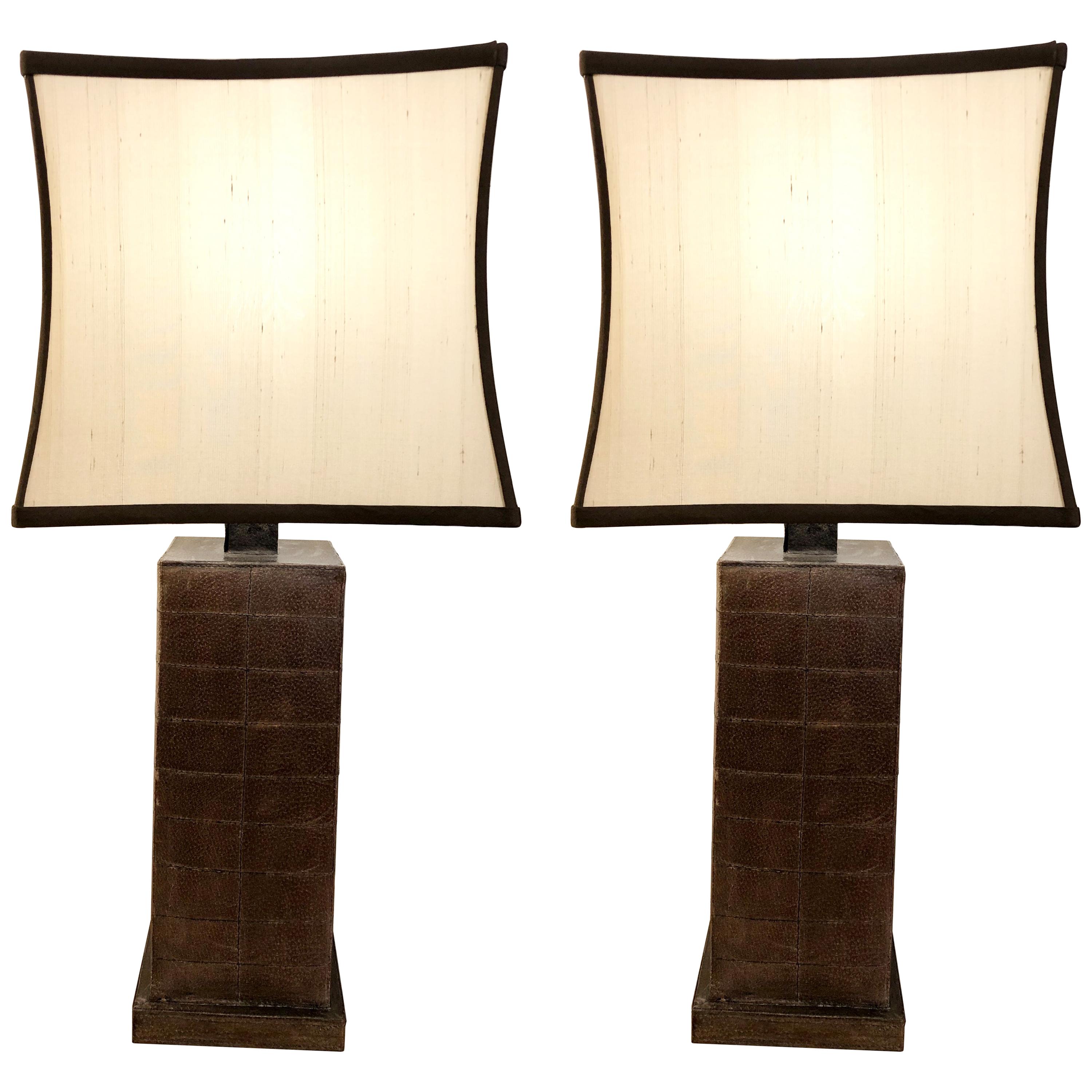 Pair of Karl Springer Style Leather Table Lamps with Custom Shades