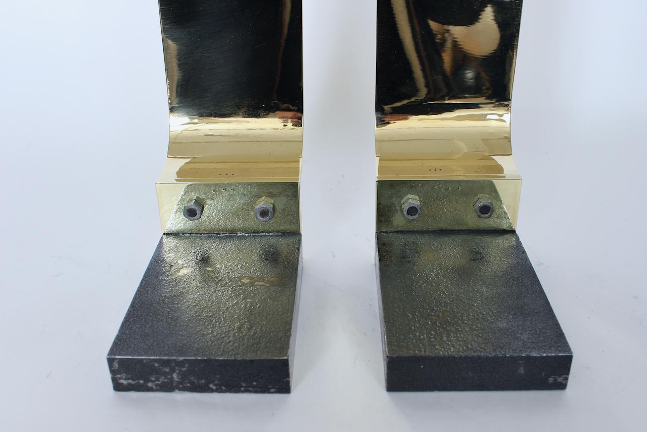 Pair of Karl Springer Style Polished Brass & Block Cast Iron Andirons, C. 1960 For Sale 5