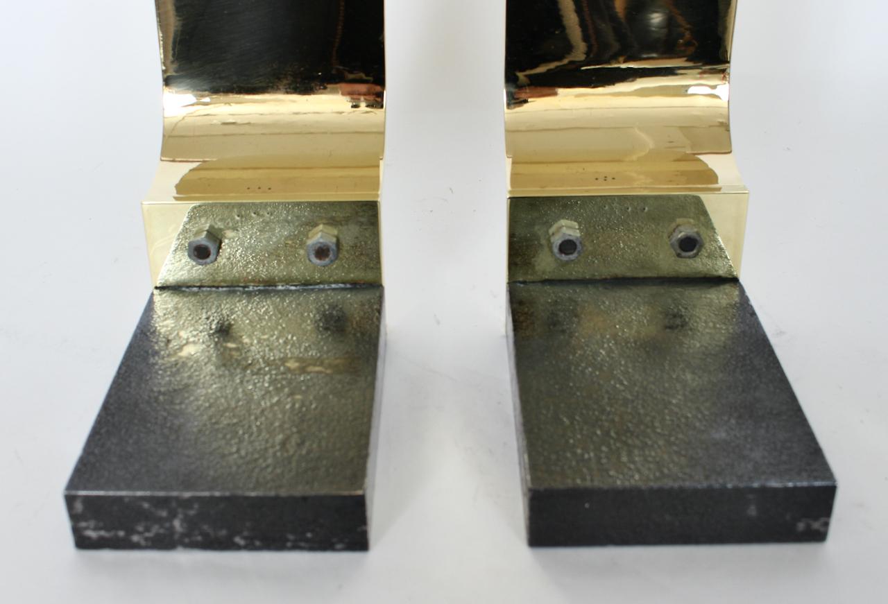 Pair of Karl Springer Style Polished Brass & Block Cast Iron Andirons, C. 1960 For Sale 6