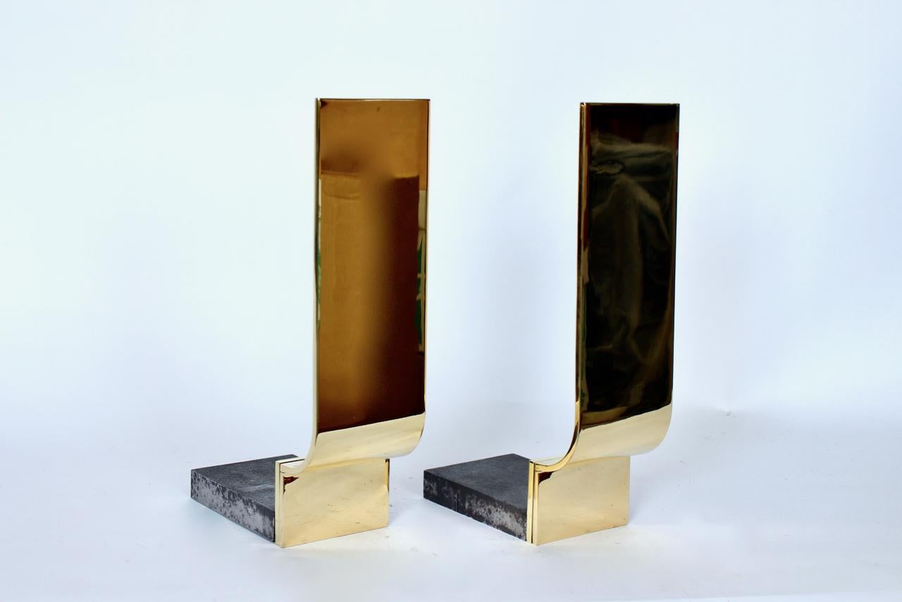 Pair of Karl Springer Style Polished Brass & Block Cast Iron Andirons, C. 1960 For Sale 8