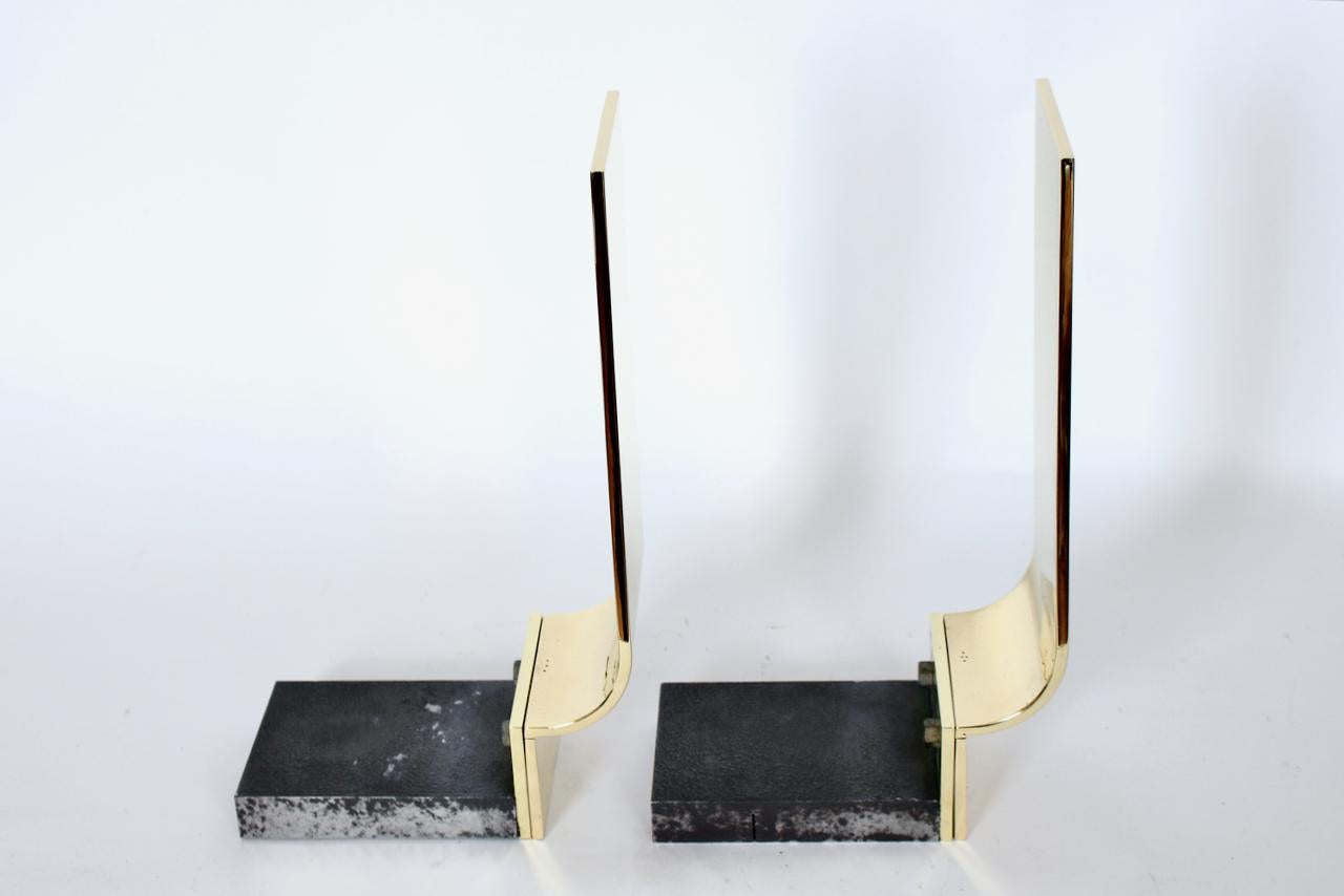 Pair of Karl Springer Style Polished Brass & Block Cast Iron Andirons, C. 1960 In Good Condition For Sale In Bainbridge, NY