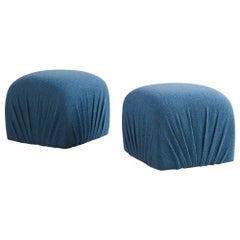 Pair of Soufflé Style Poufs in Blue Wool