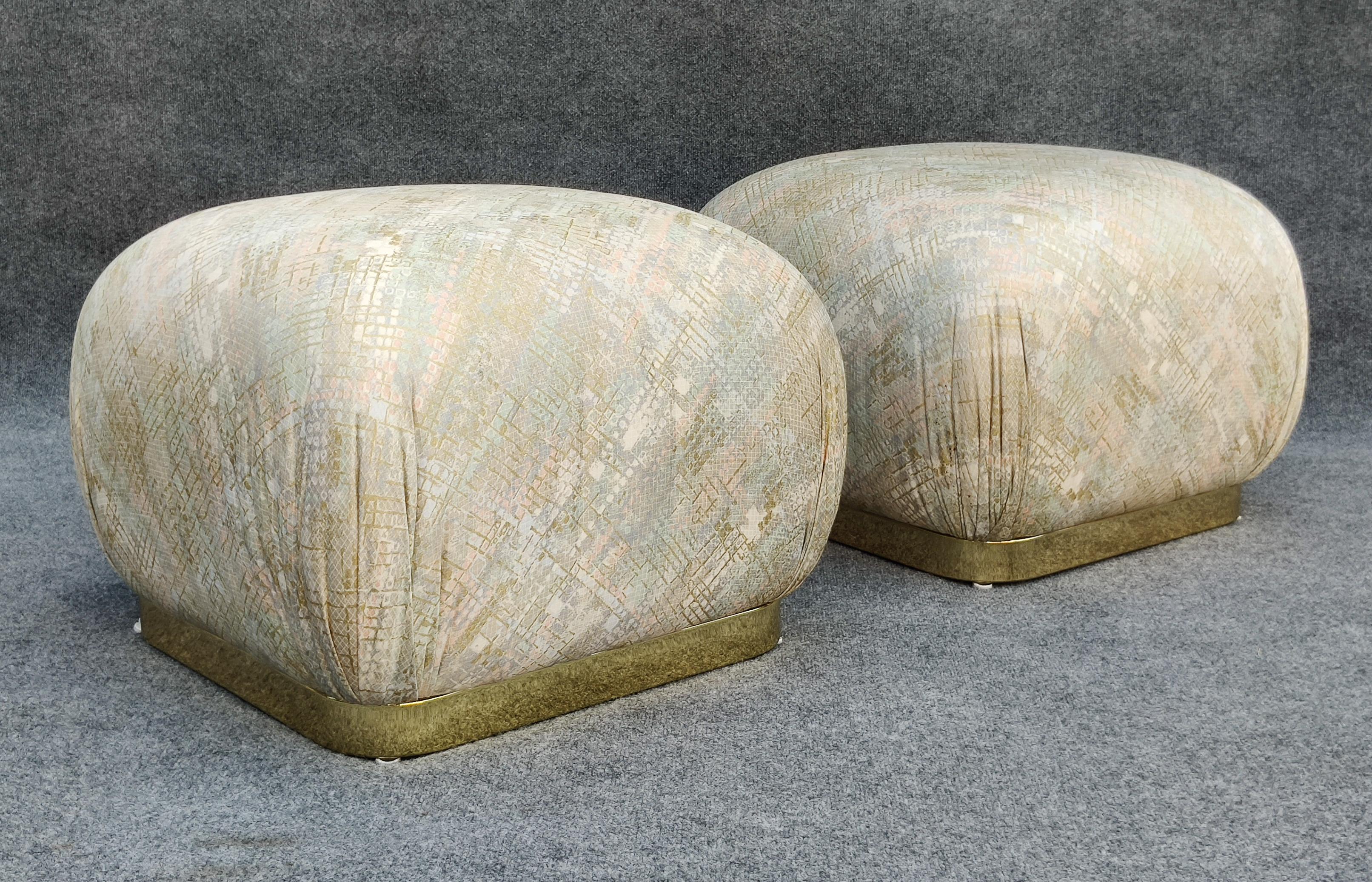 Mid-Century Modern Pair of Karl Springer Style Poufs or Ottomans by Weiman in Floral Pattern For Sale