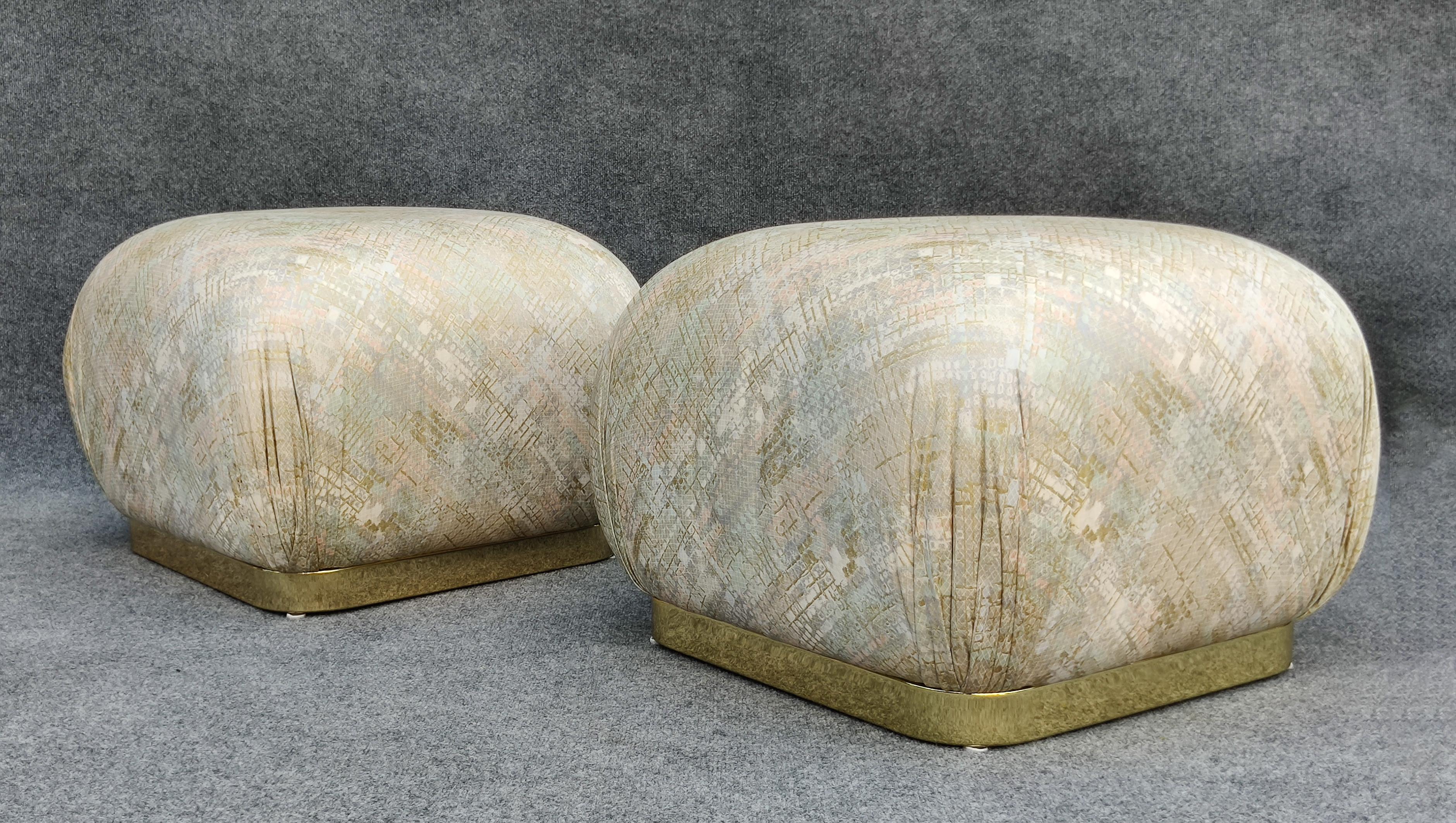 American Pair of Karl Springer Style Poufs or Ottomans by Weiman in Floral Pattern For Sale