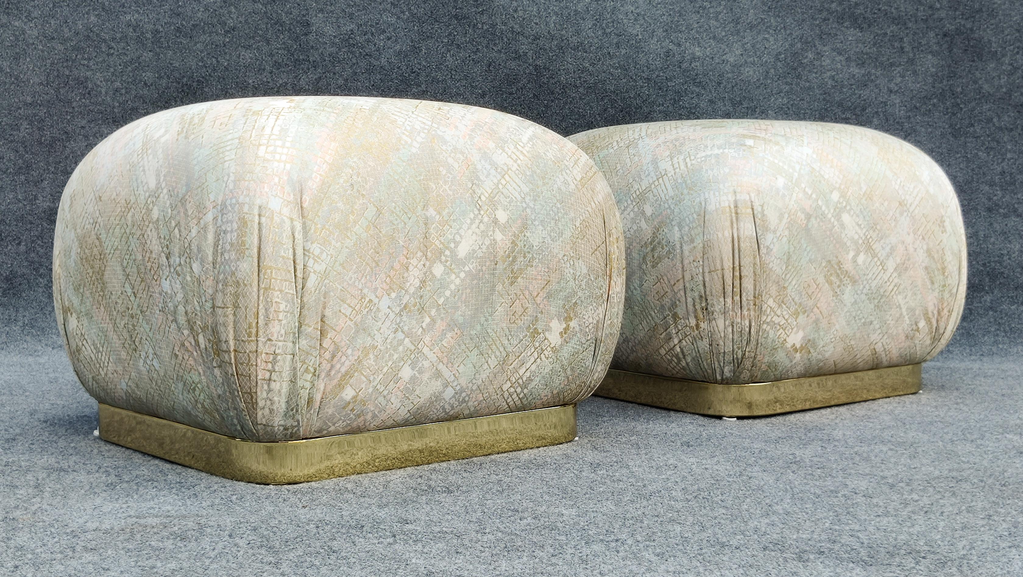 Pair of Karl Springer Style Poufs or Ottomans by Weiman in Floral Pattern In Good Condition For Sale In Philadelphia, PA