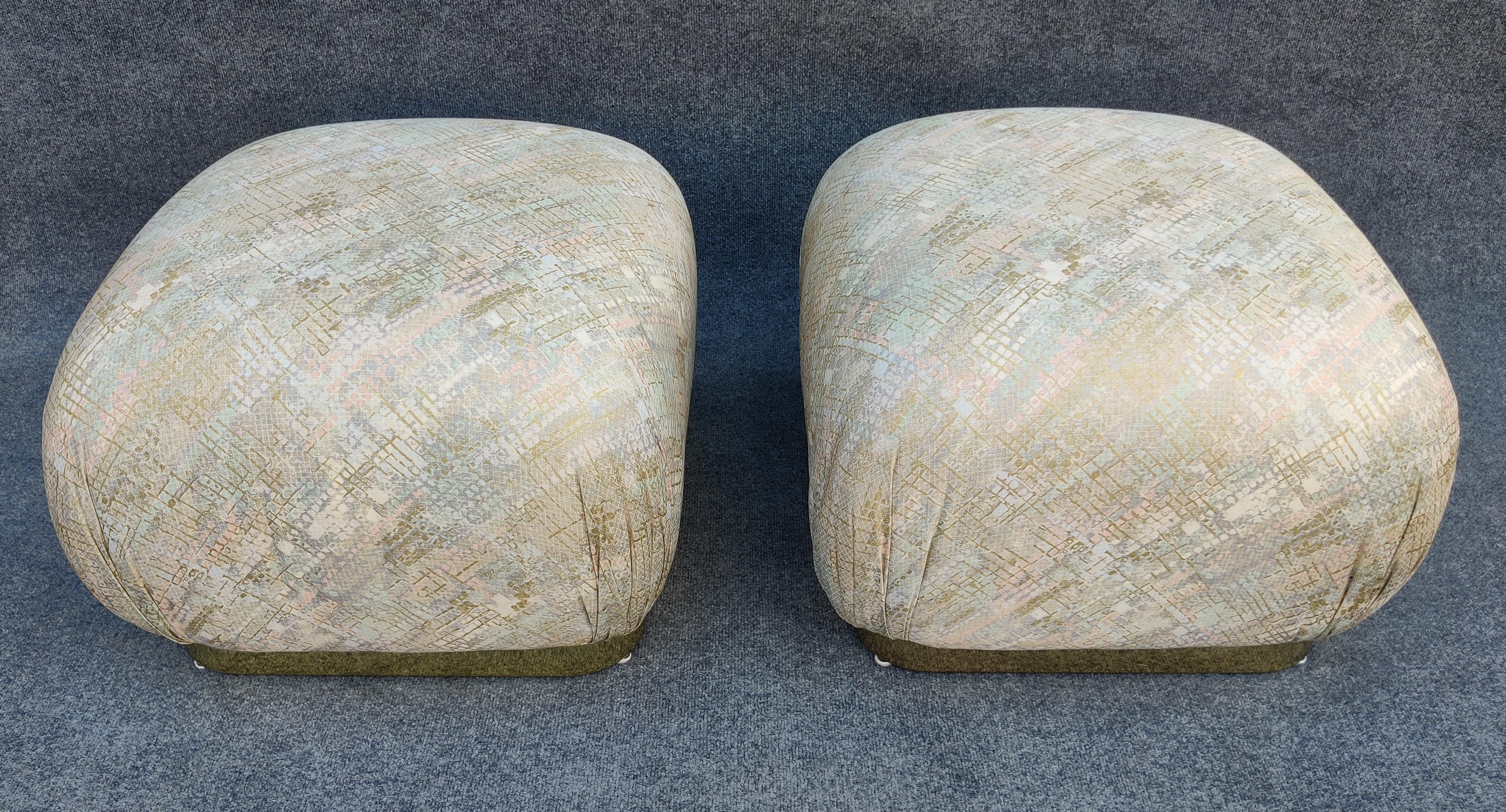 Brass Pair of Karl Springer Style Poufs or Ottomans by Weiman in Floral Pattern For Sale
