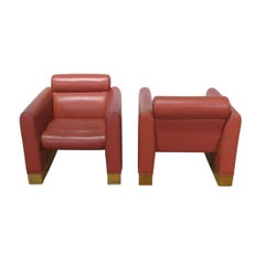 Pair of Karl Springer Style Red Faux Leather Club Chairs