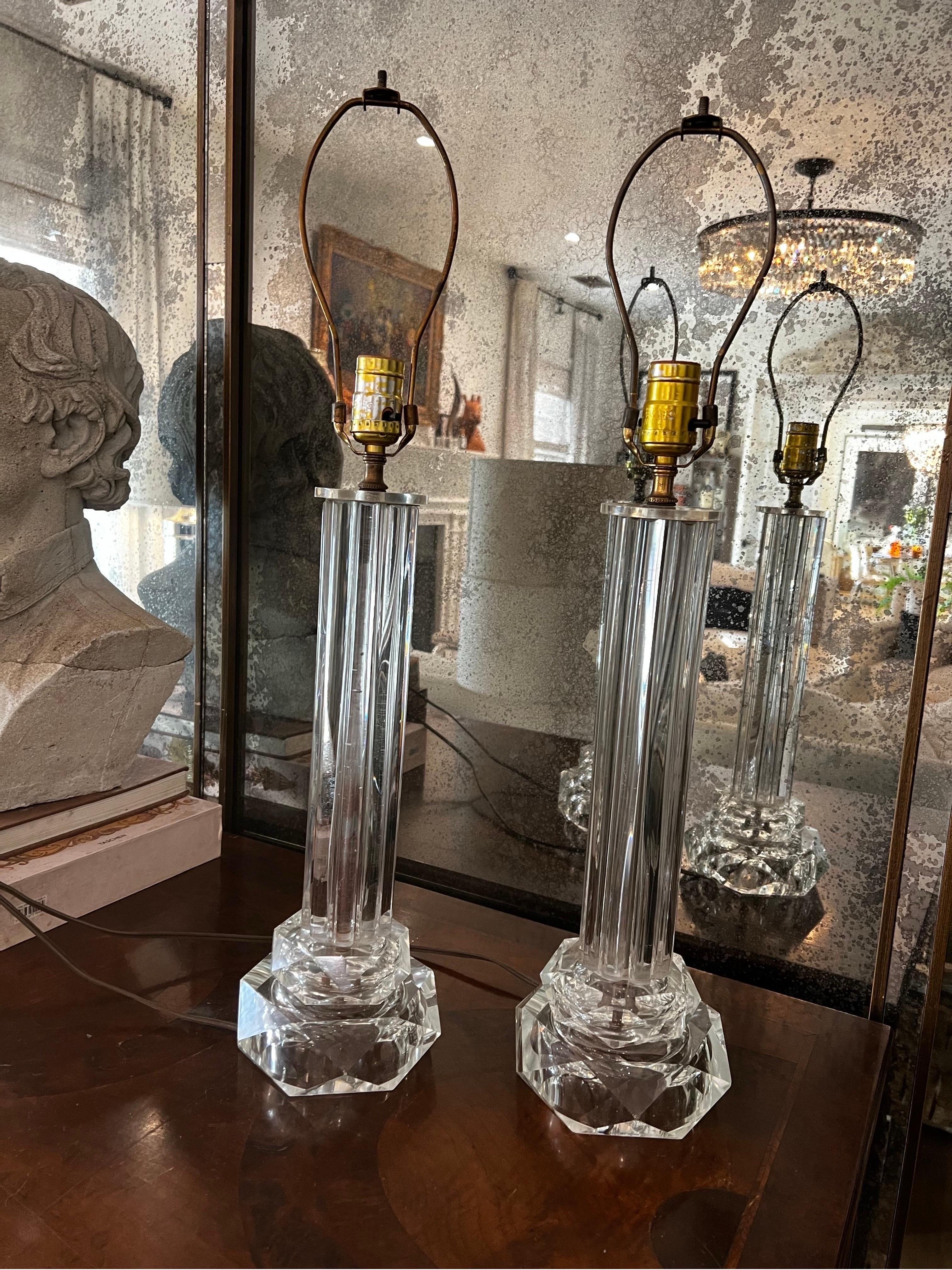 Pair of Karl Springer Style Stacked Lucite and Glass Table Lamps - Vintage For Sale 1