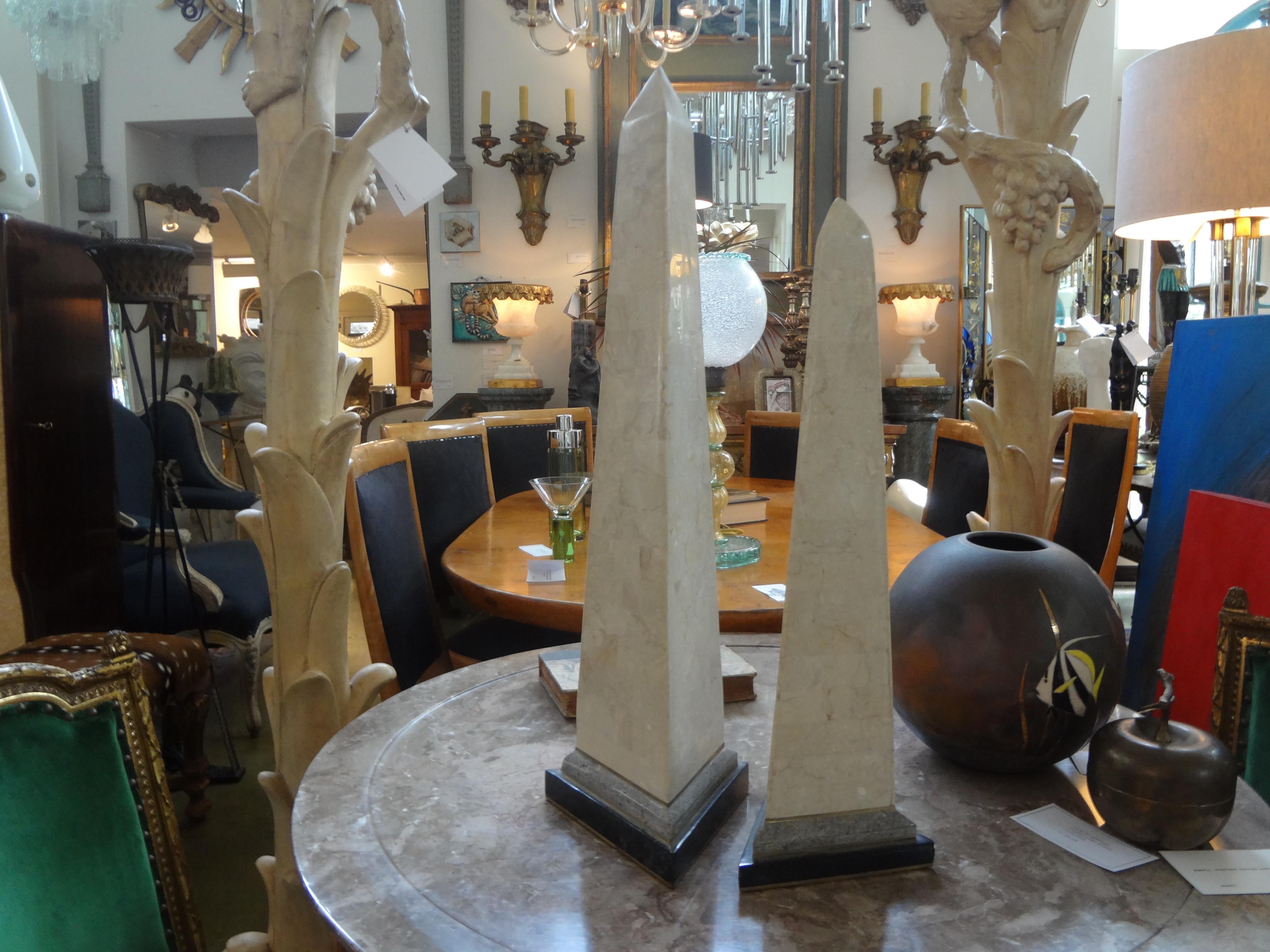 Pair of Karl Springer Style Tessellated Stone and Brass Obelisks 5