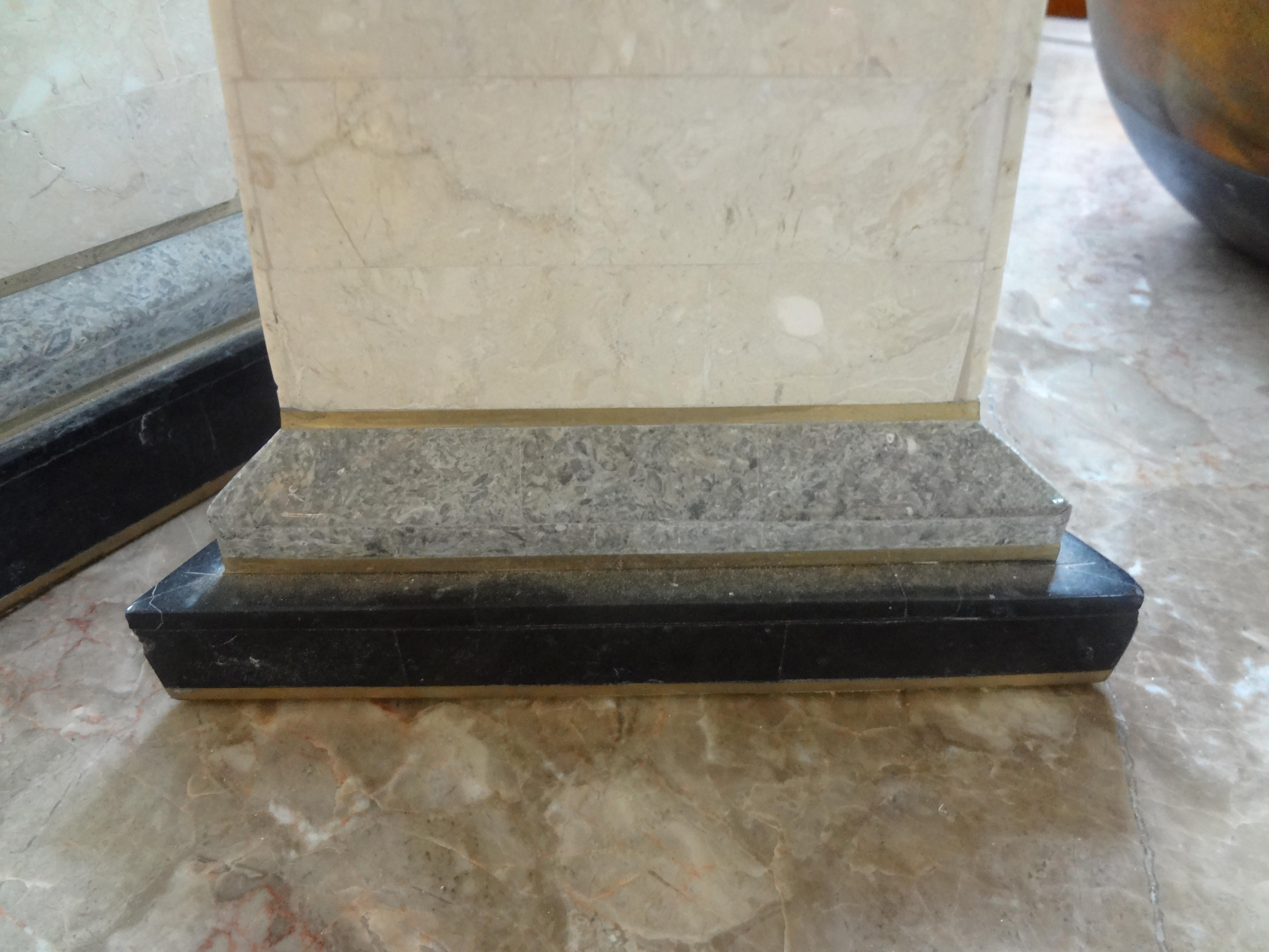Hollywood Regency Pair of Karl Springer Style Tessellated Stone and Brass Obelisks