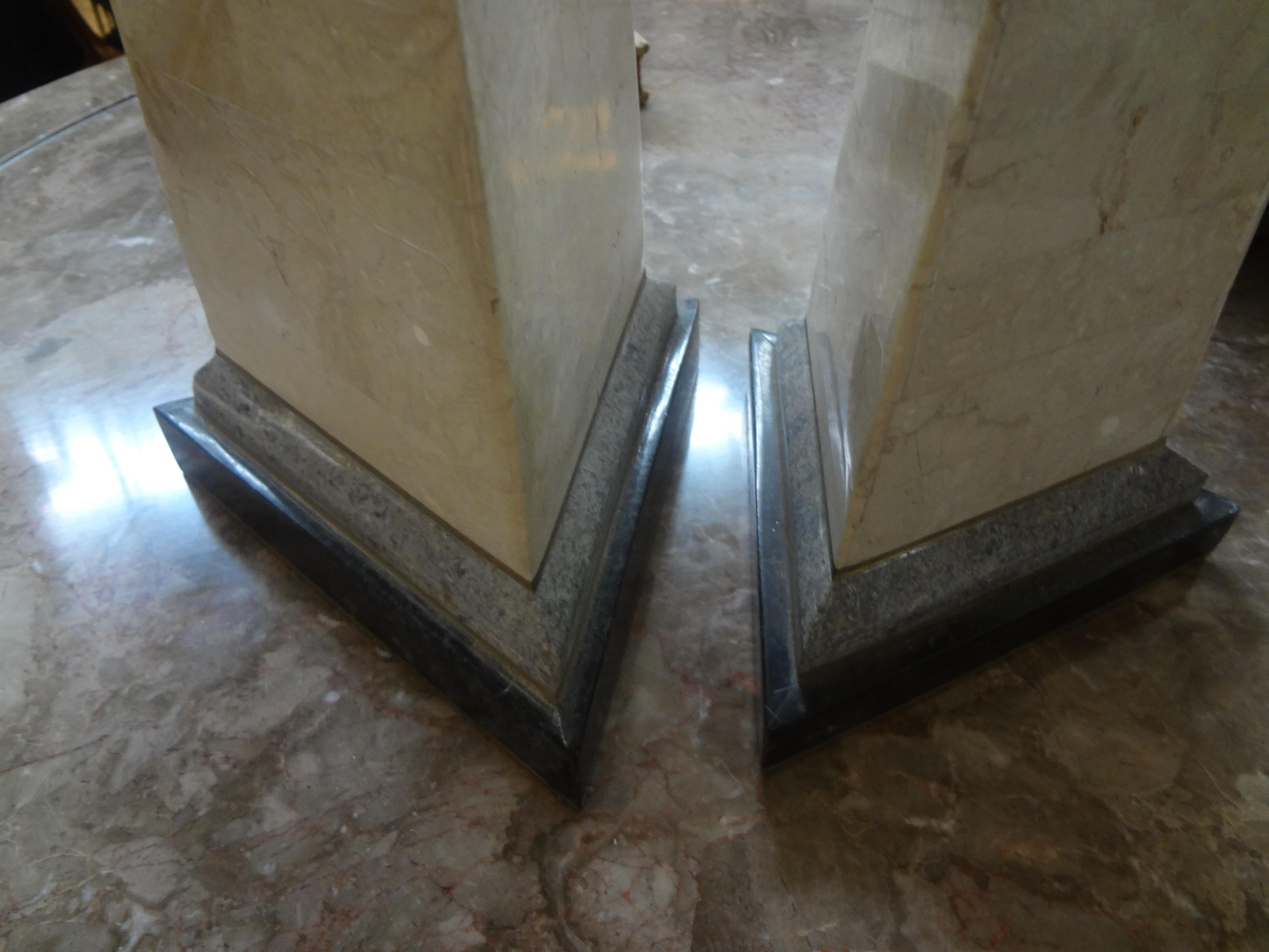 Late 20th Century Pair of Karl Springer Style Tessellated Stone and Brass Obelisks