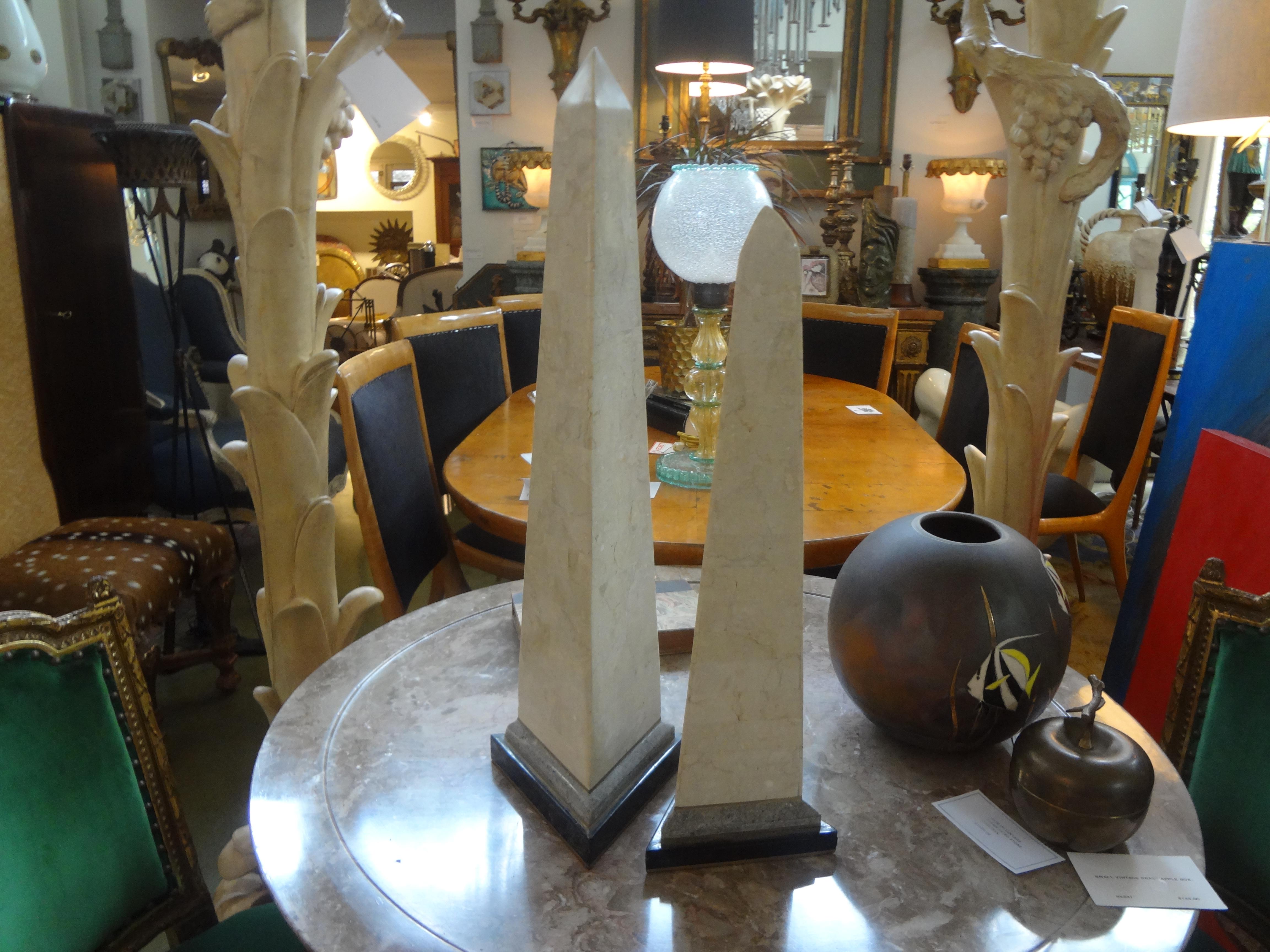 Pair of Karl Springer Style Tessellated Stone and Brass Obelisks 1