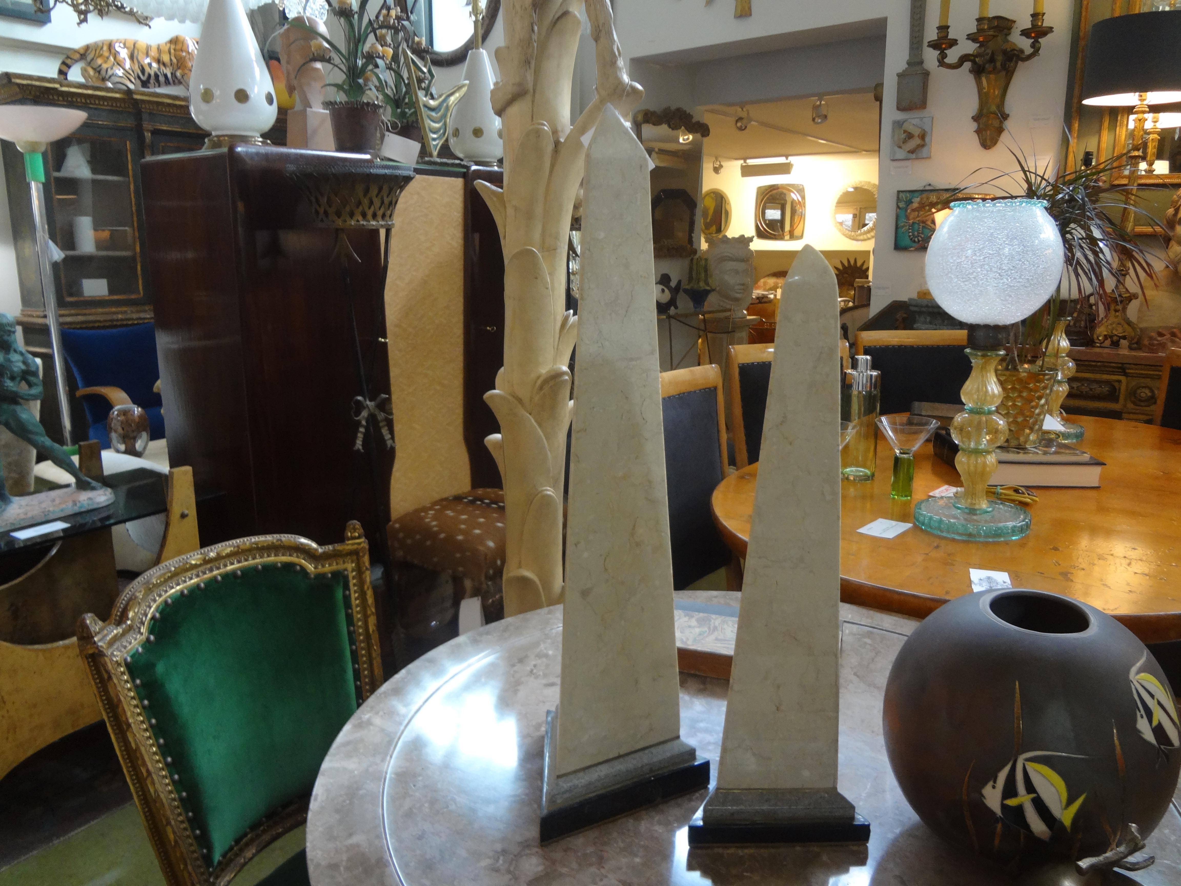 Pair of Karl Springer Style Tessellated Stone and Brass Obelisks 2