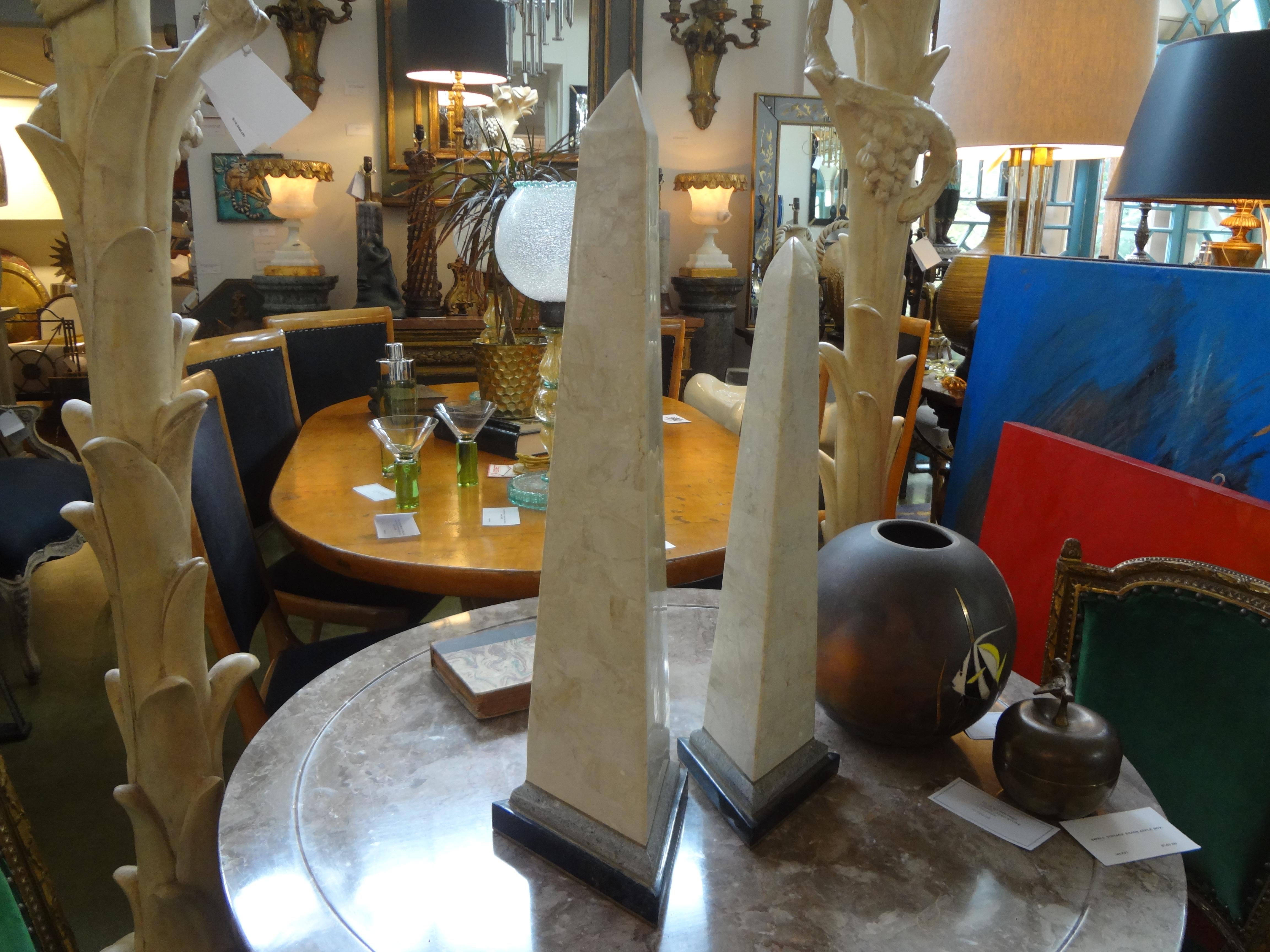 Pair of Karl Springer Style Tessellated Stone and Brass Obelisks 3