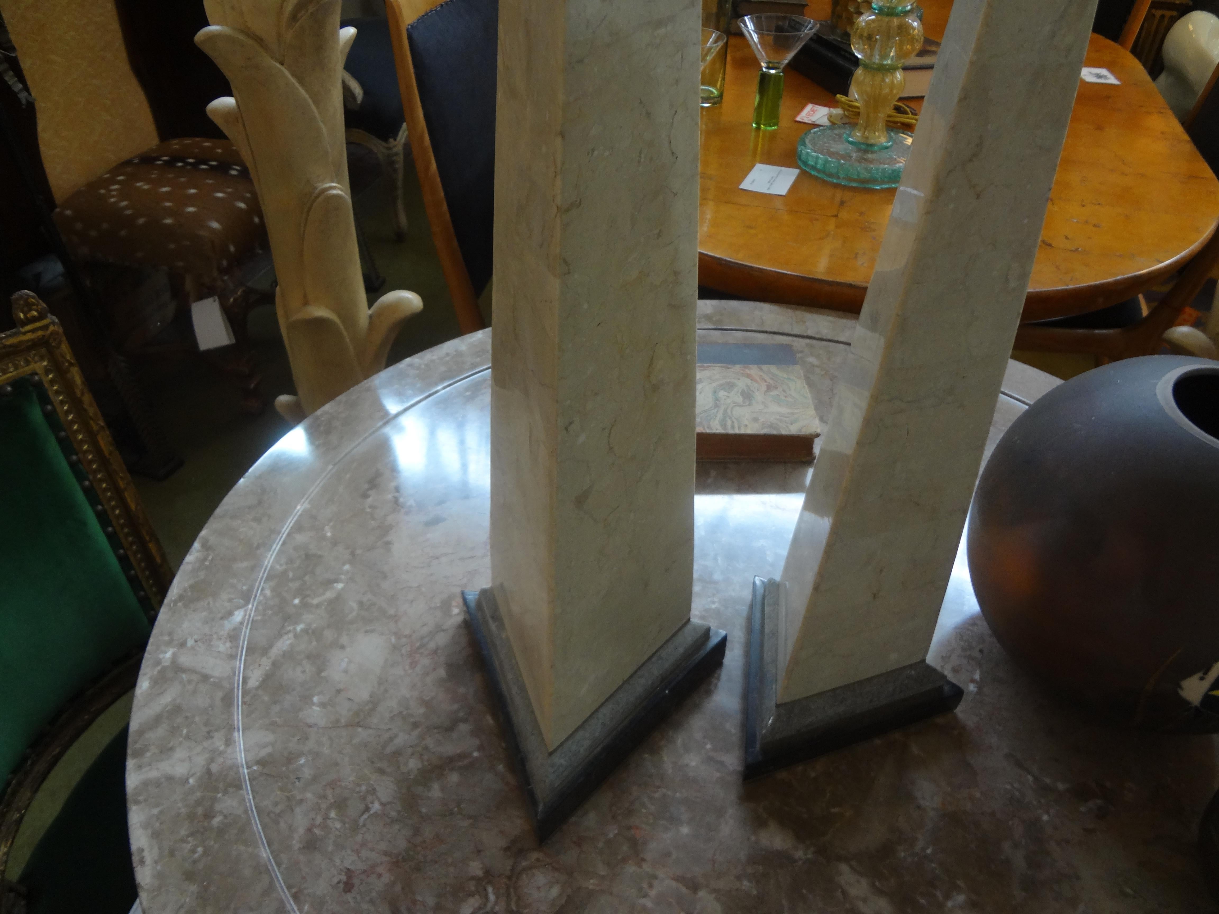Pair of Karl Springer Style Tessellated Stone and Brass Obelisks 4