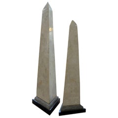 Pair of Karl Springer Style Tessellated Stone and Brass Obelisks