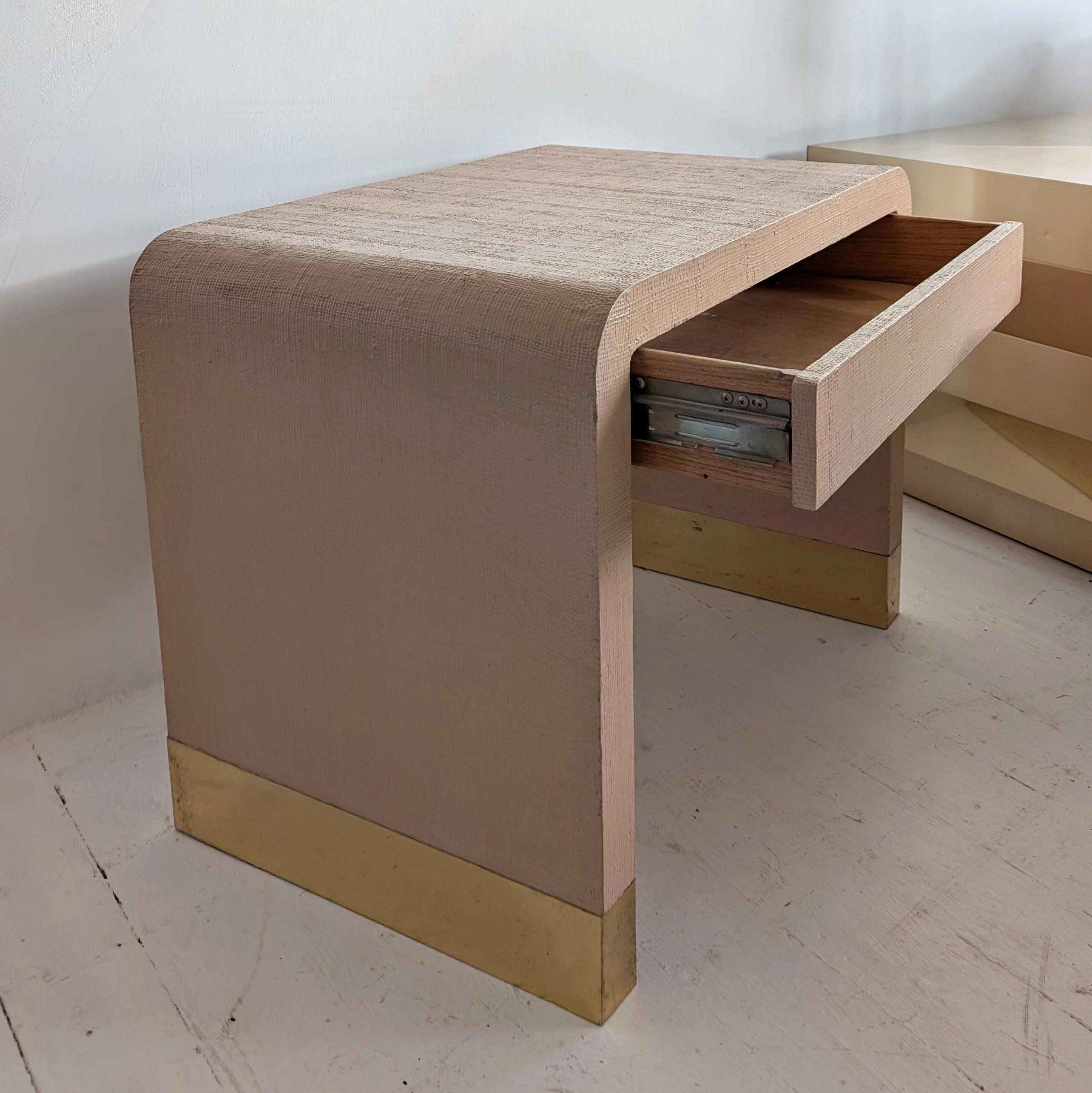 Pair of Karl Springer-style vintage postmodern waterfall bedside tables in peach 3