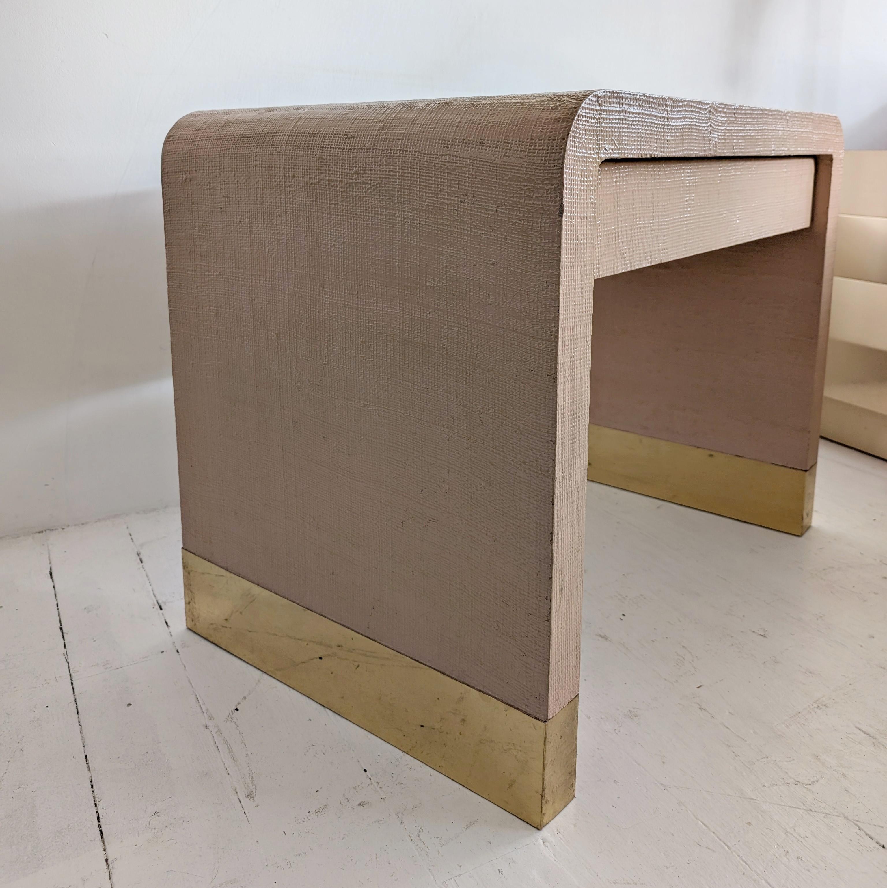 Pair of Karl Springer-style vintage postmodern waterfall bedside tables in peach 5