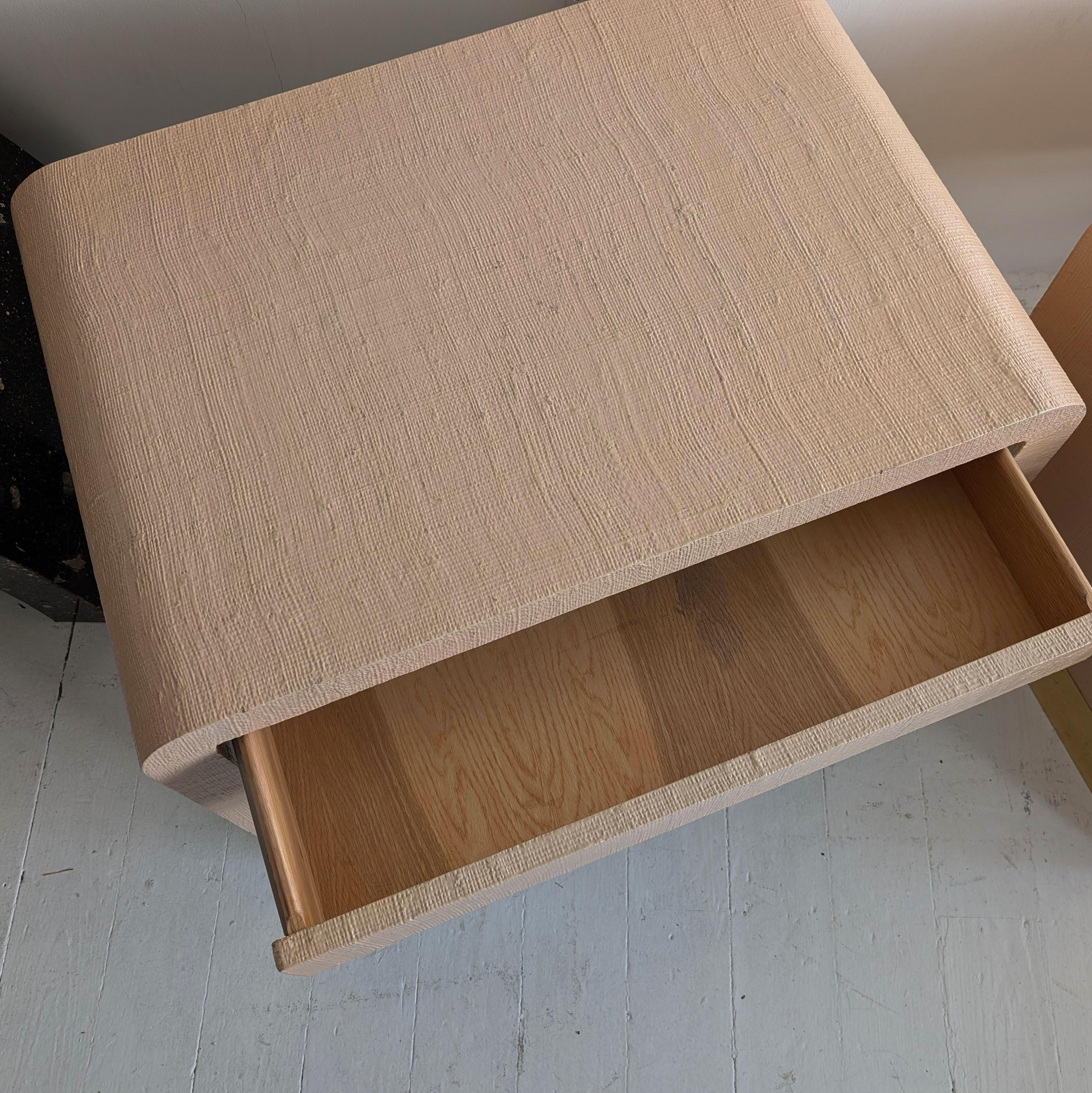 Pair of Karl Springer-style vintage postmodern waterfall bedside tables in peach 6