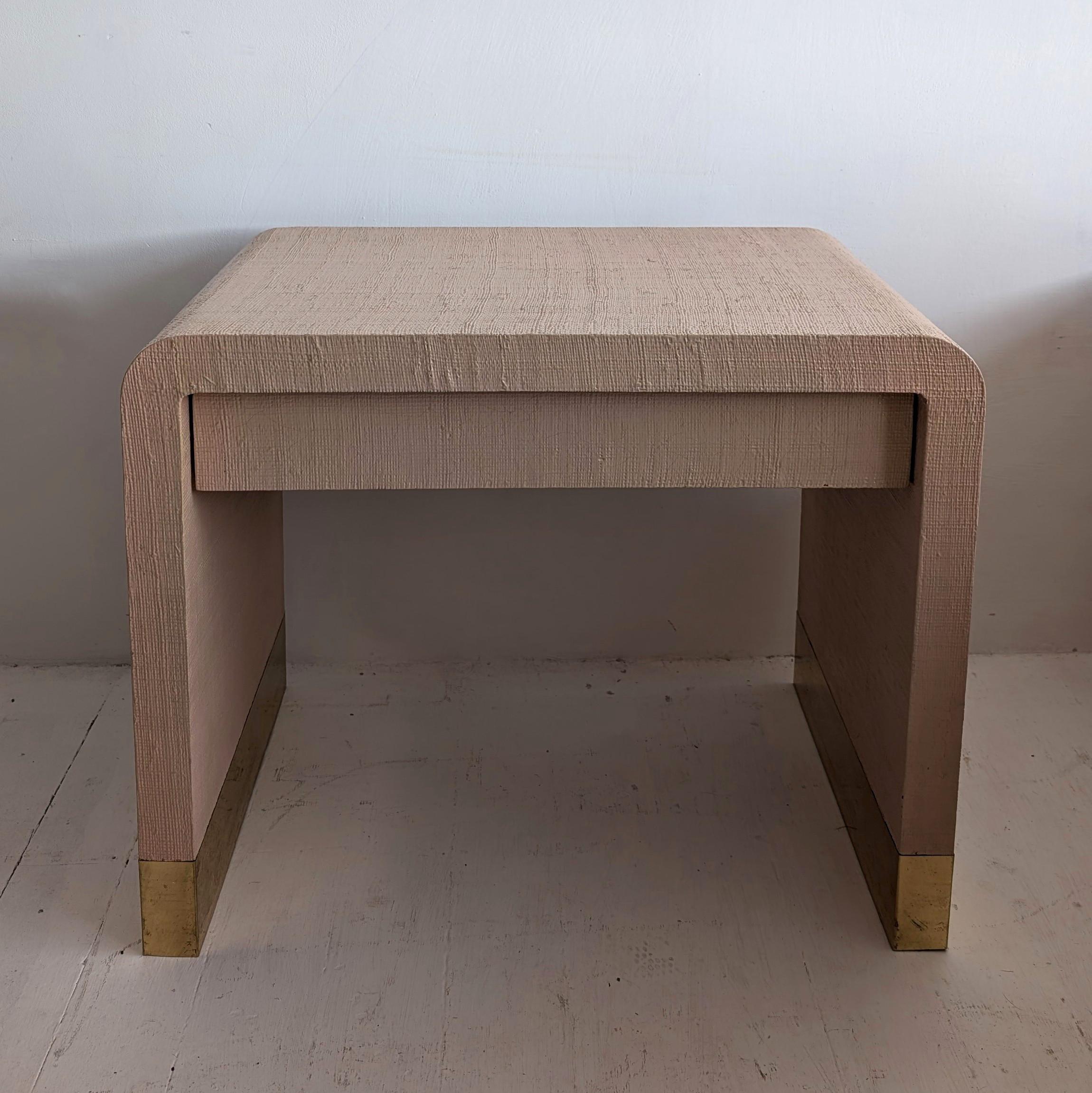 American Pair of Karl Springer-style vintage postmodern waterfall bedside tables in peach
