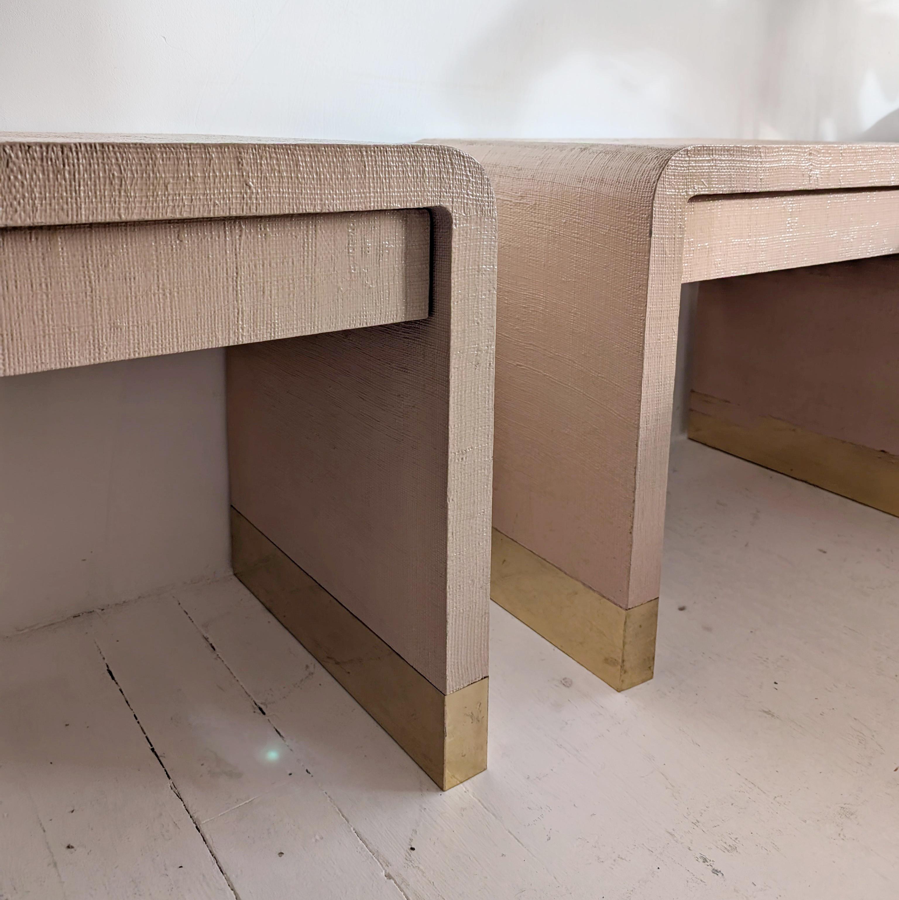 Pair of Karl Springer-style vintage postmodern waterfall bedside tables in peach 1