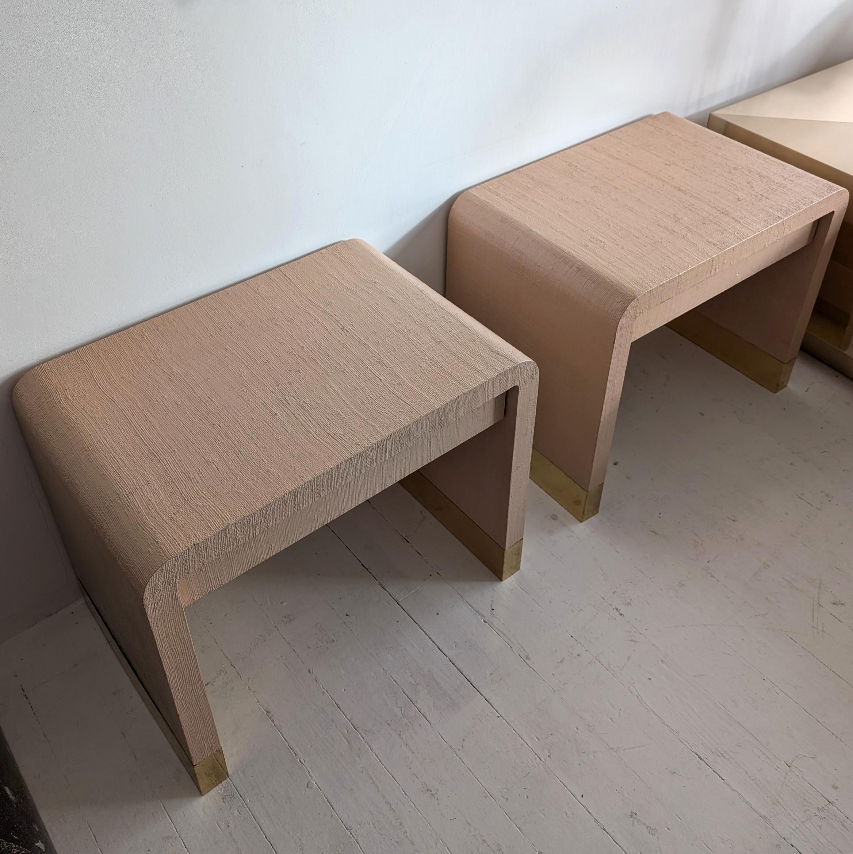 Pair of Karl Springer-style vintage postmodern waterfall bedside tables in peach 2