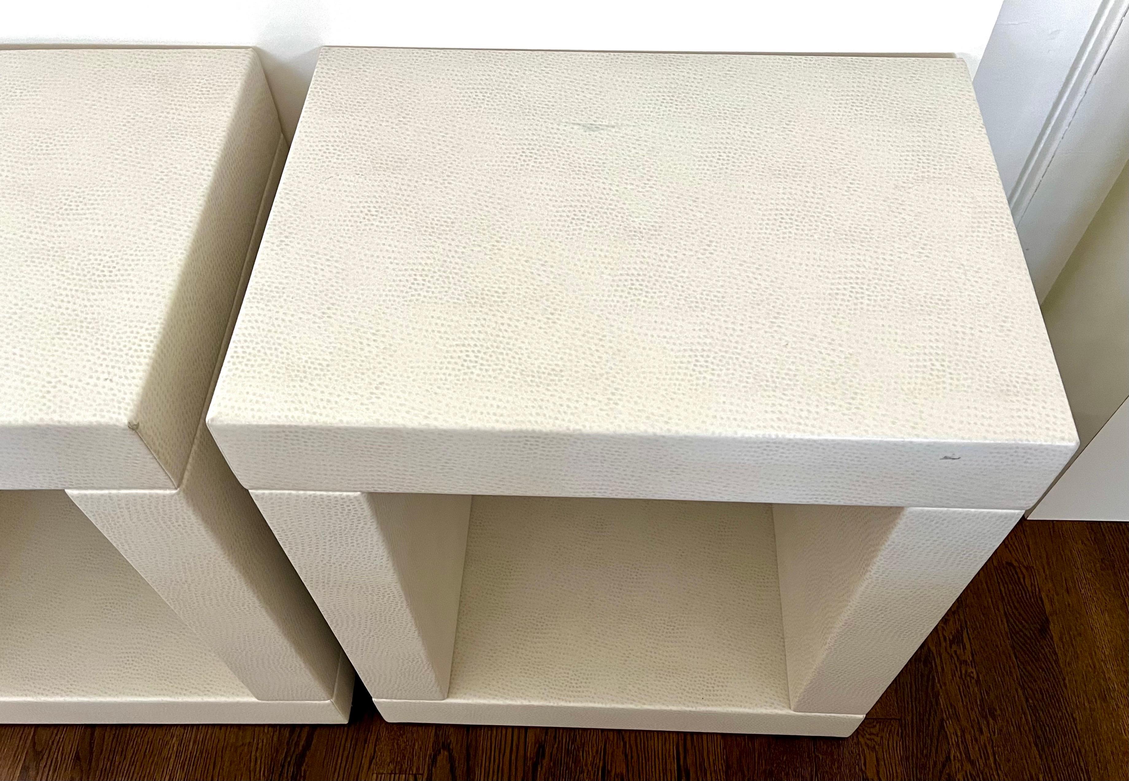 American Pair of Karl Springer Style White Faux Snakeskin Side Tables Nightstands For Sale