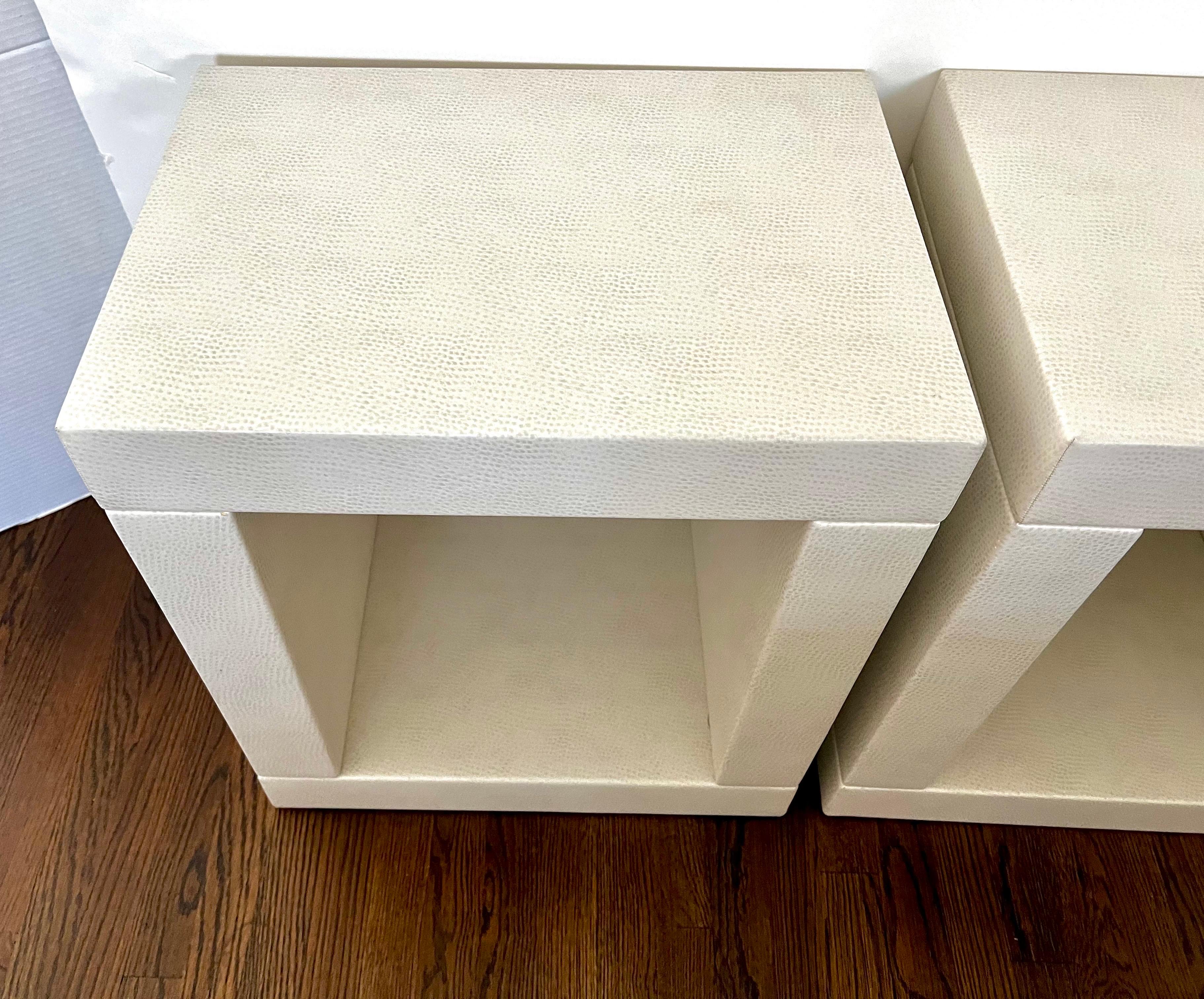 Faux Leather Pair of Karl Springer Style White Faux Snakeskin Side Tables Nightstands For Sale