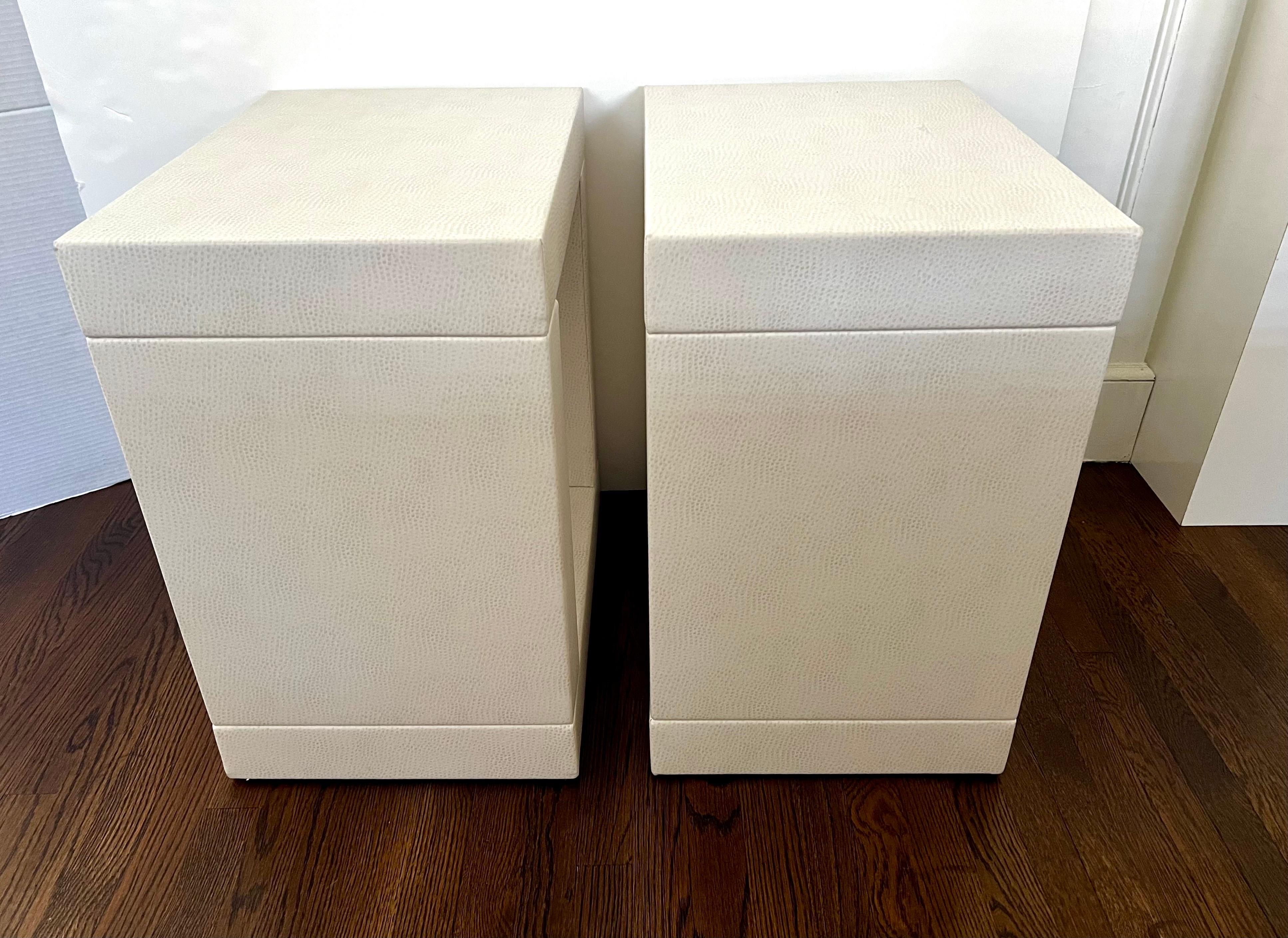Pair of Karl Springer Style White Faux Snakeskin Side Tables Nightstands For Sale 1